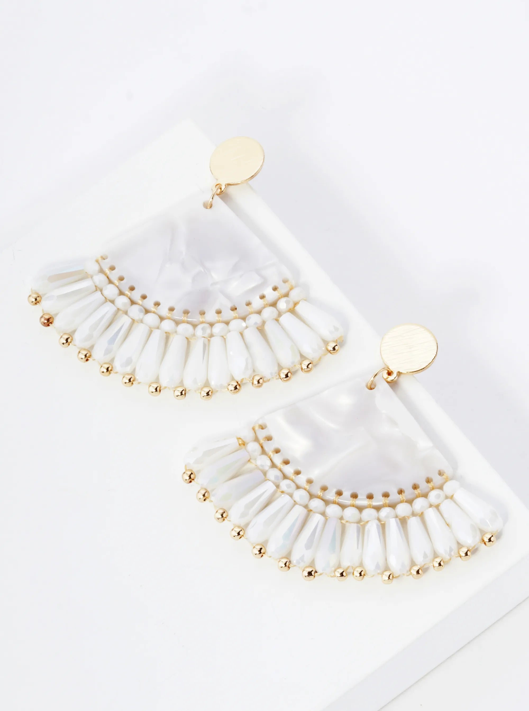 Acetate Fan Fringe Glass Beads Drop Statement Earrings
