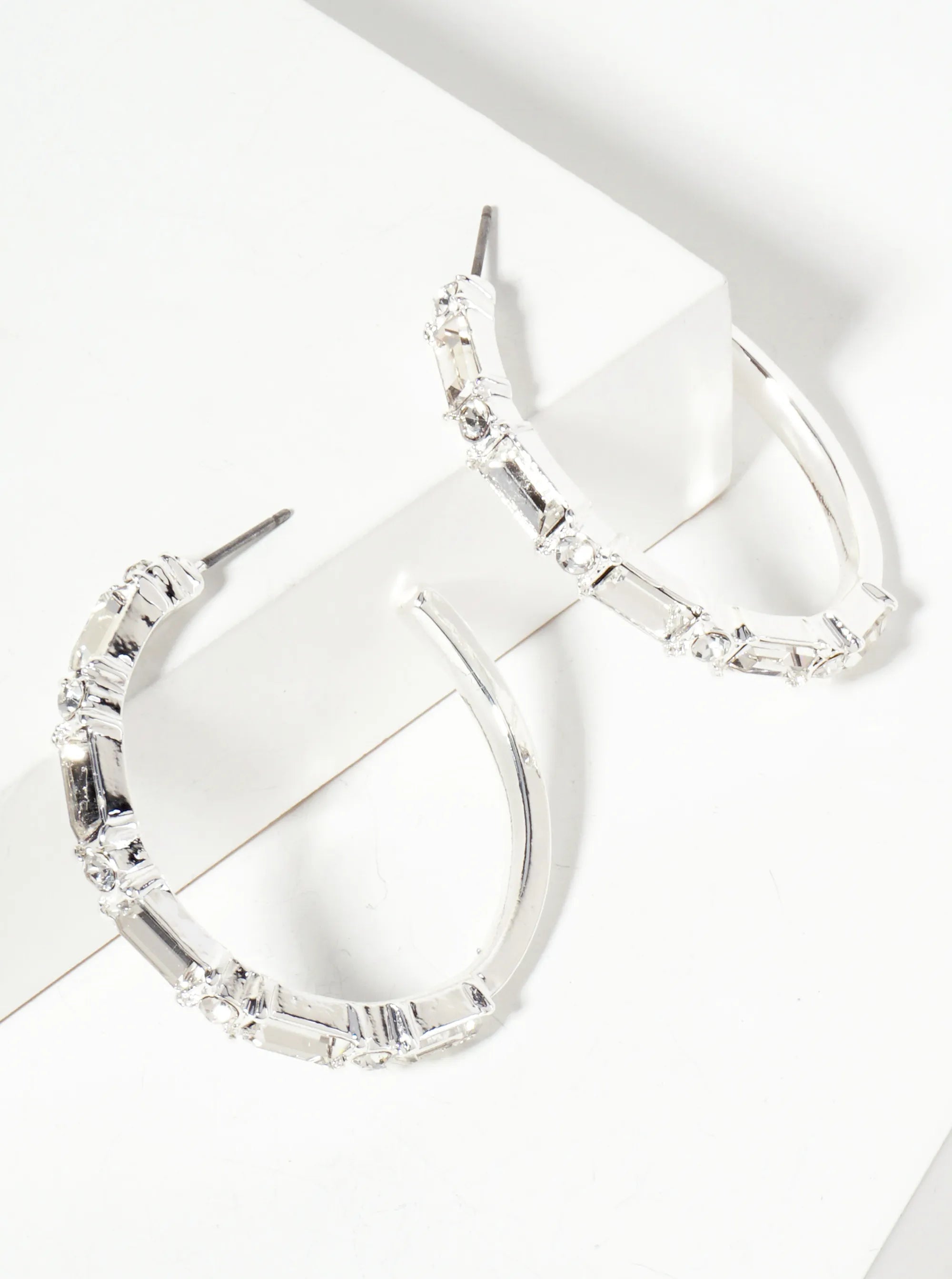 Baguette-Stone-Studded 40mm Angular Hoop Earrings