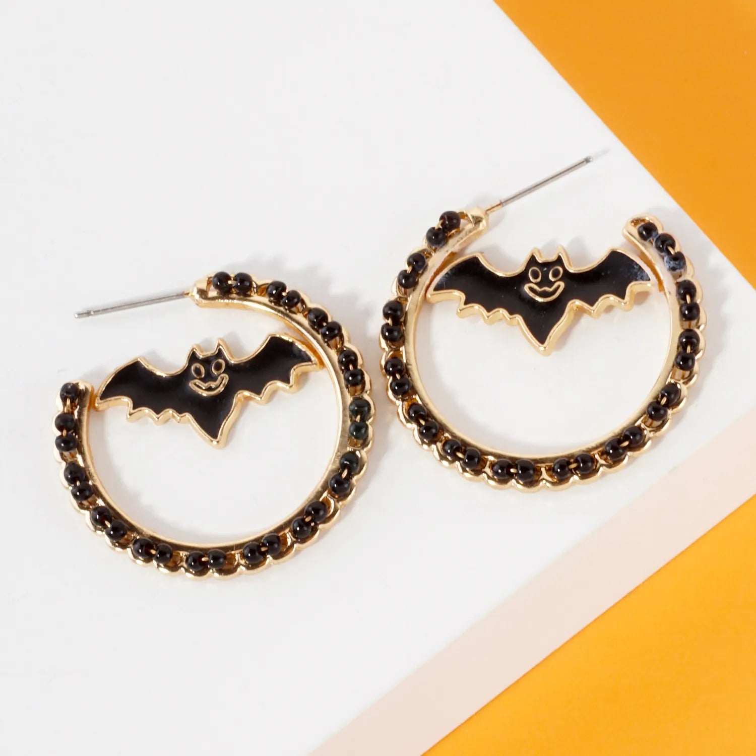 Beaded 30mm Bat-in-Hoop Halloween Earrings
