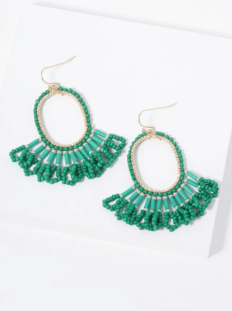 Beaded Oval Chandelier Muted Colors Tassel Earrings