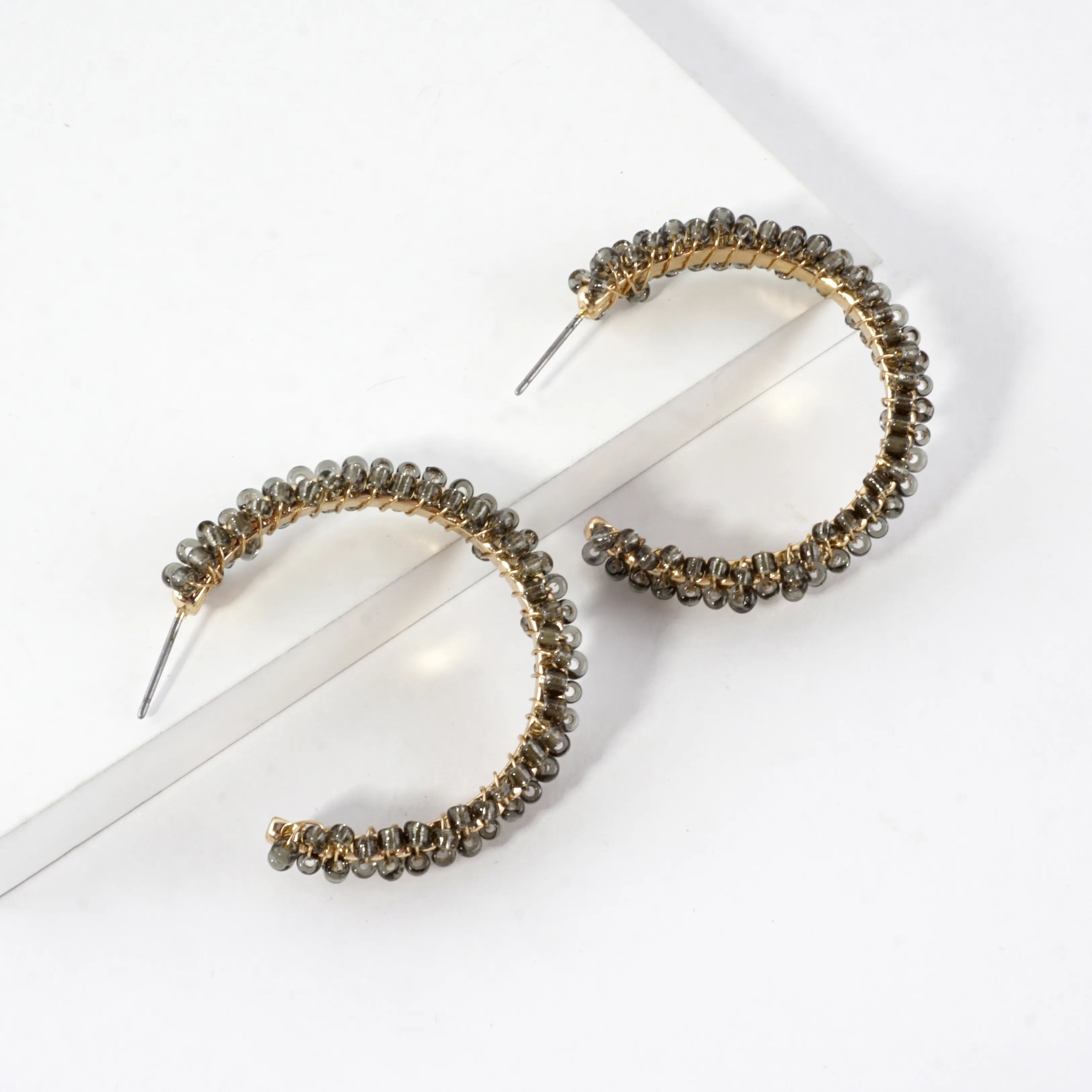 Beaded Textured Open Hoop Earrings