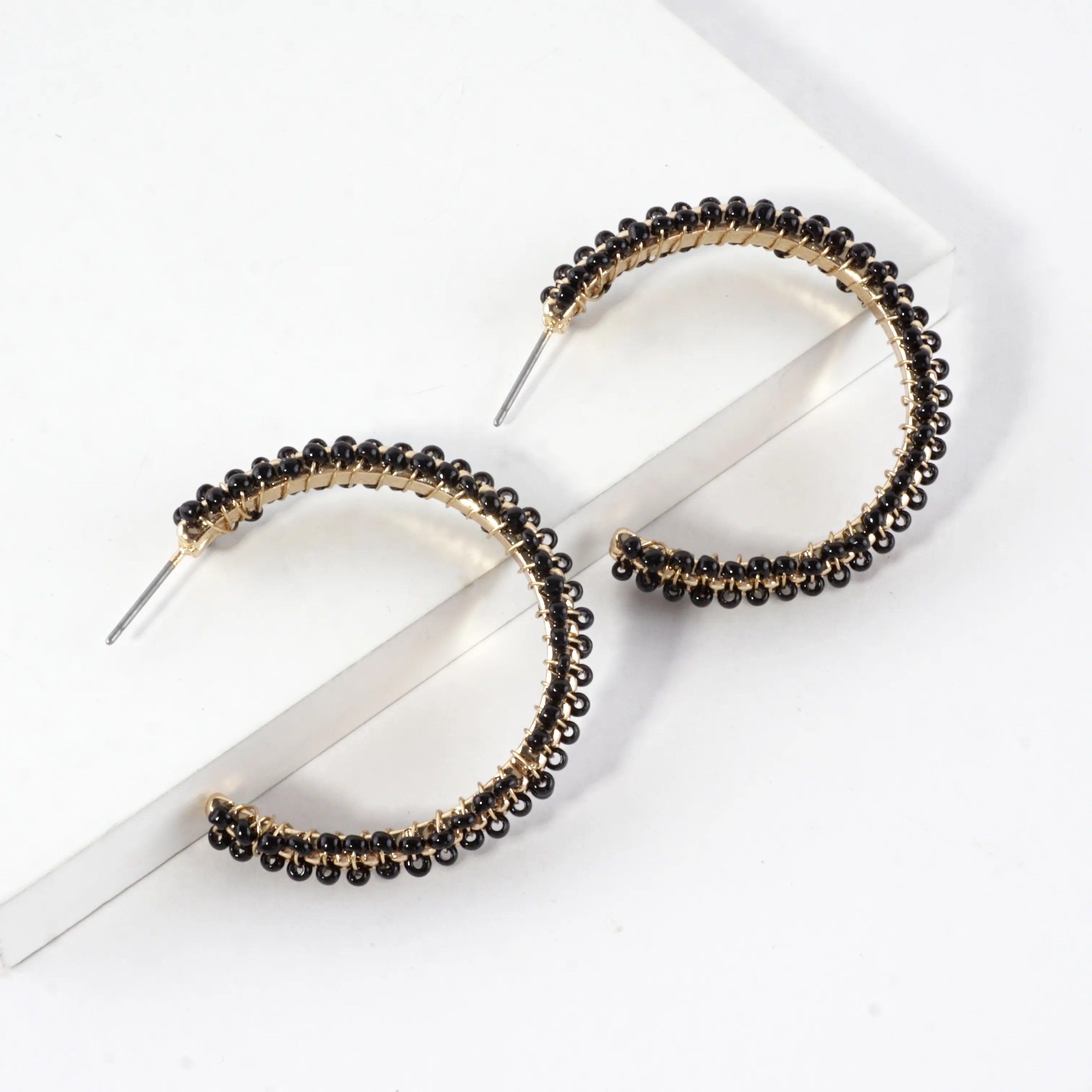 Beaded Textured Open Hoop Earrings