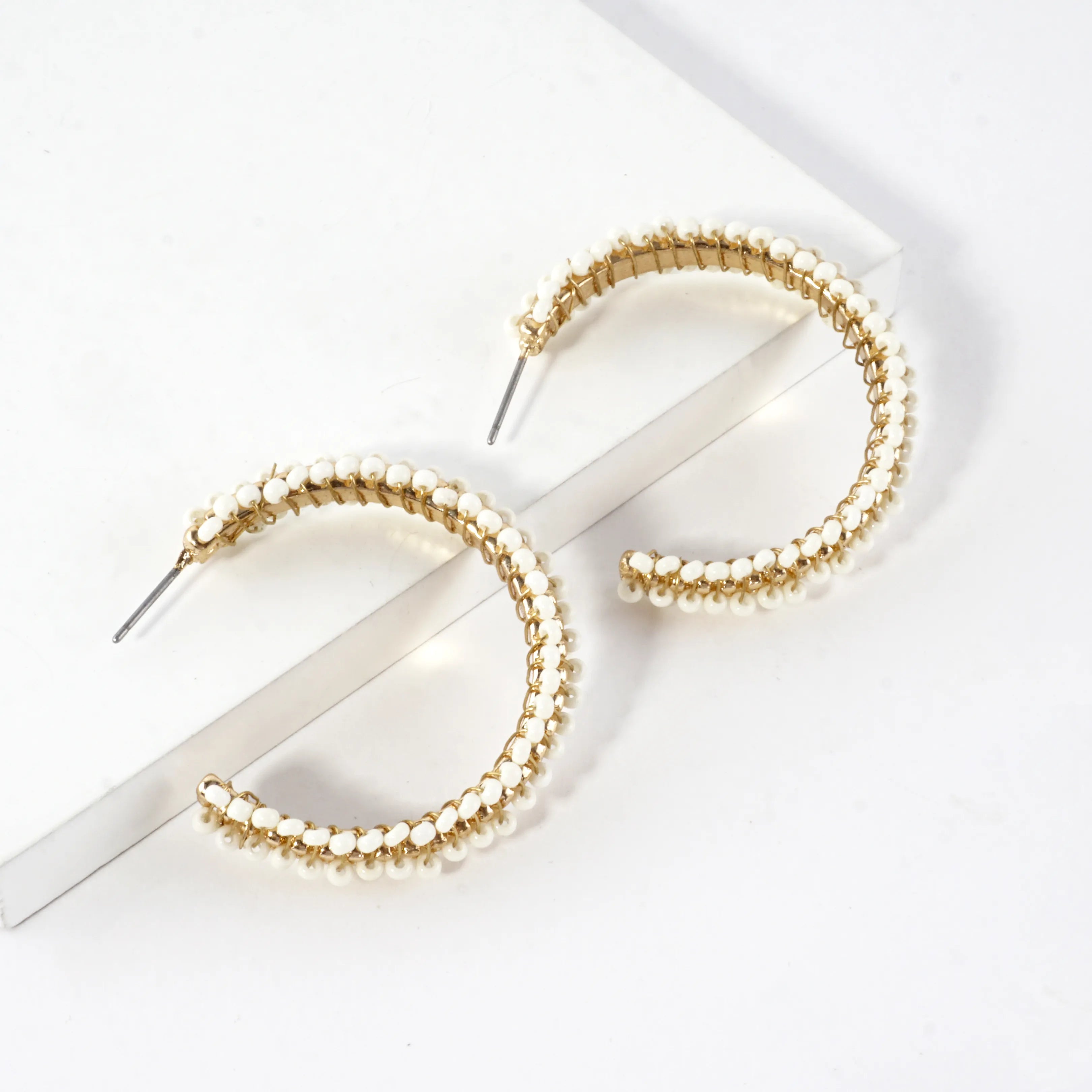 Beaded Textured Open Hoop Earrings