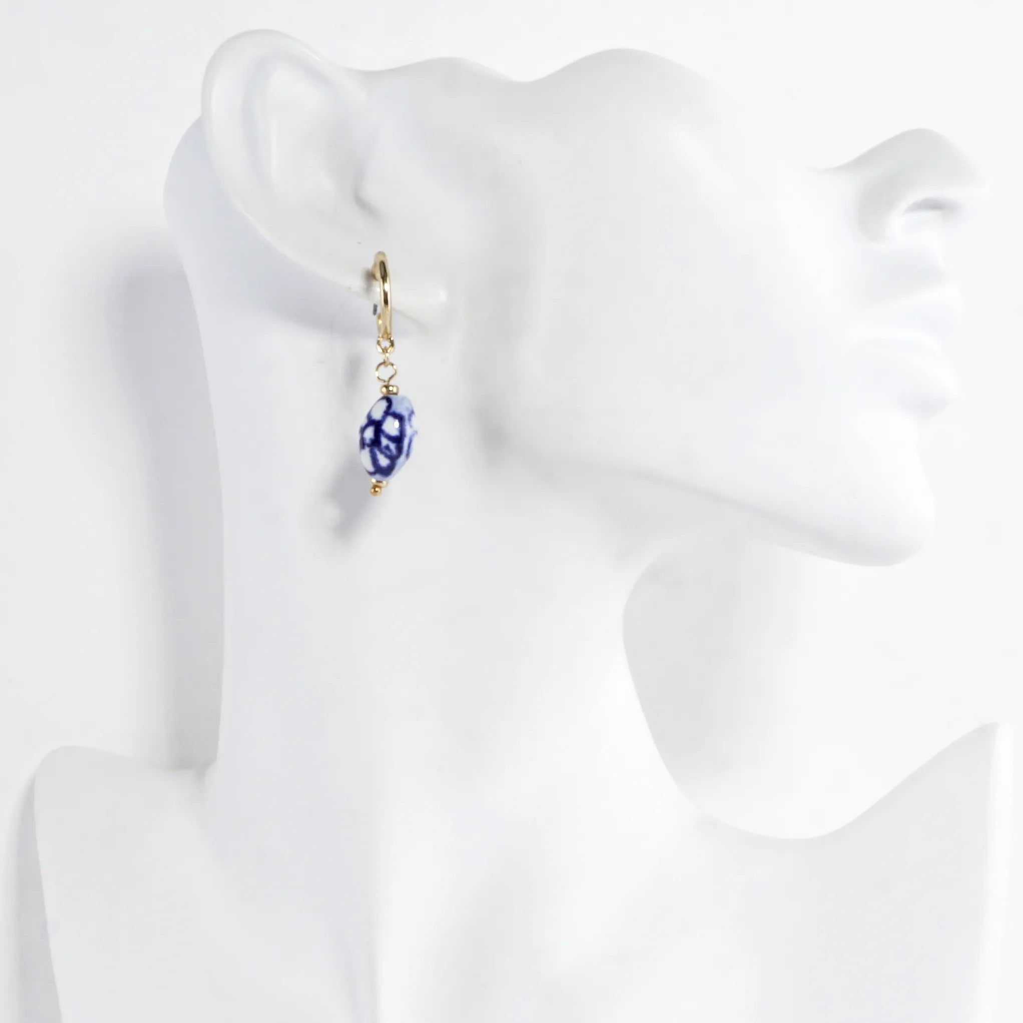 Blue White Porcelain Bead Hoop Earrings