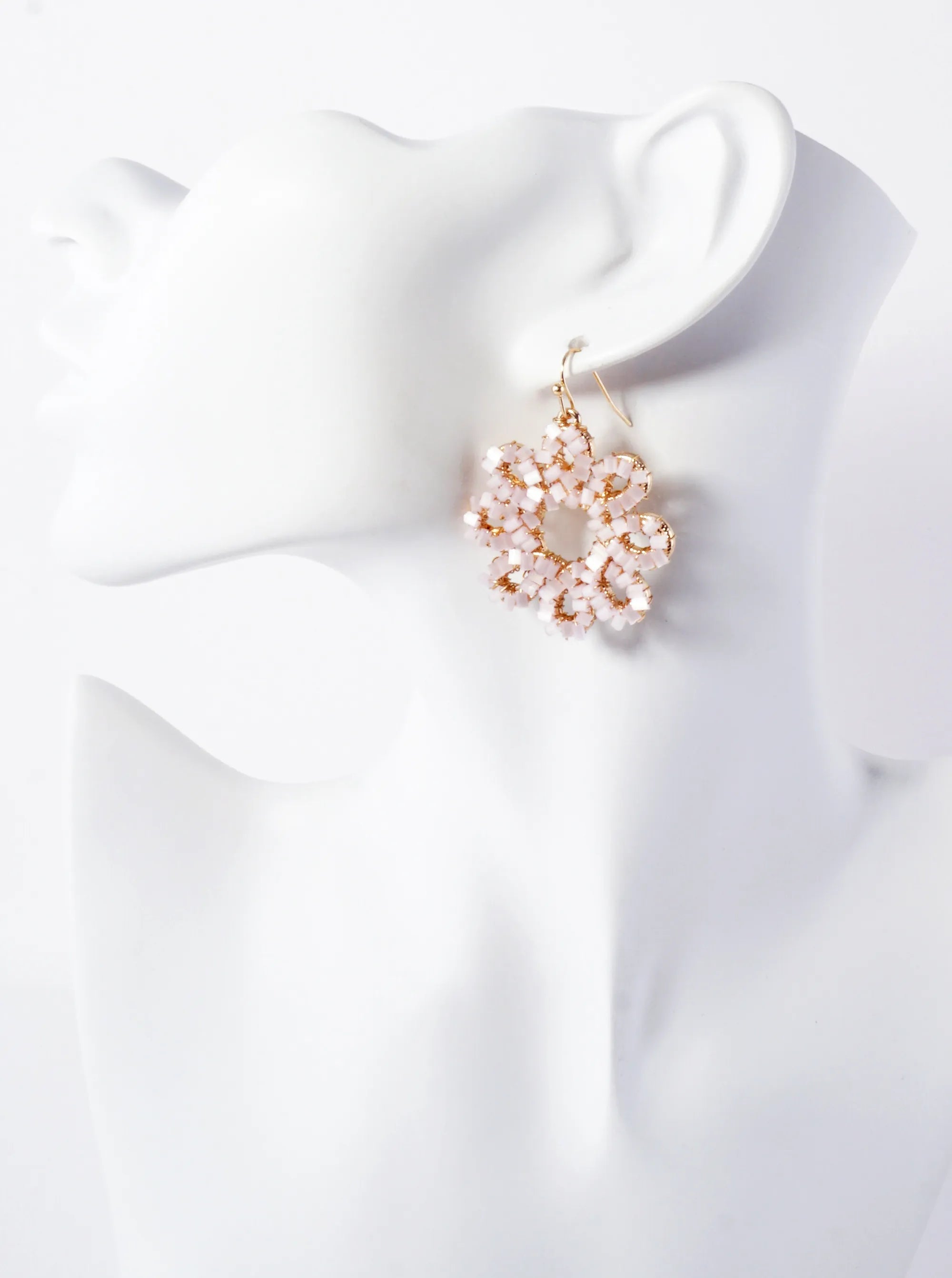 Botanical-Theme Cylinder Glass Beads Wire-Wrapped Floral Flower Dangle Earrings