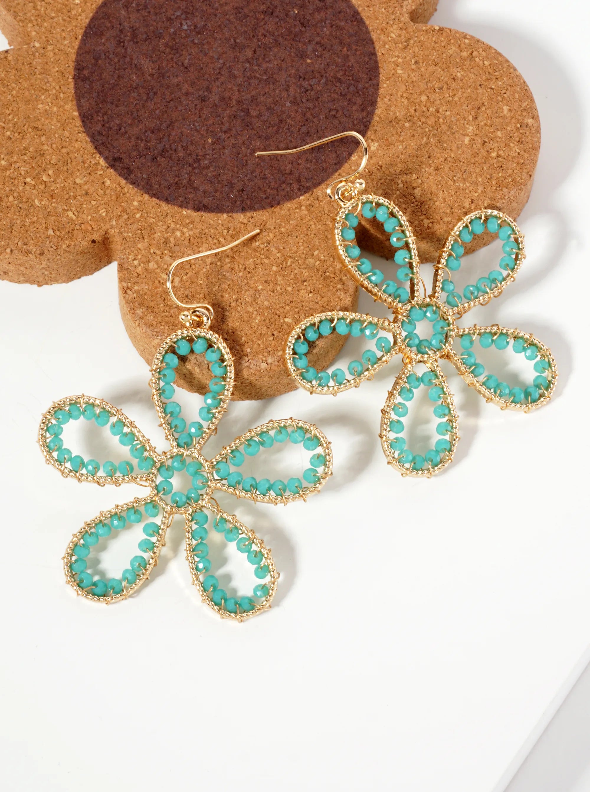 Botanical-Theme Faceted-Glass-Beads Wire-Wrapped Flower-Shaped Dangle Earrings