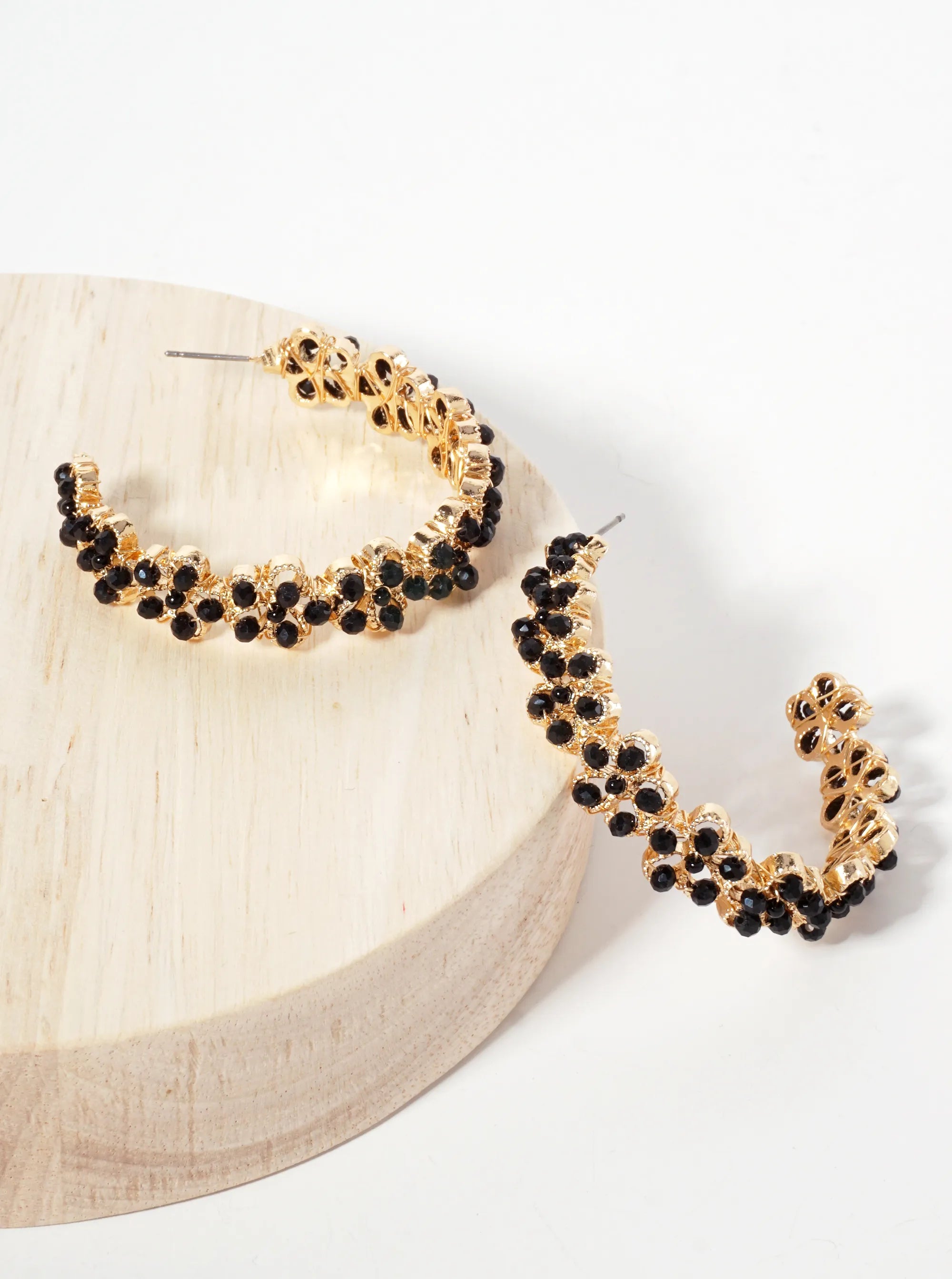 Botanical-Theme Flower-Shaped Embedded Glass-Beads 50mm Open Hoop Earrings