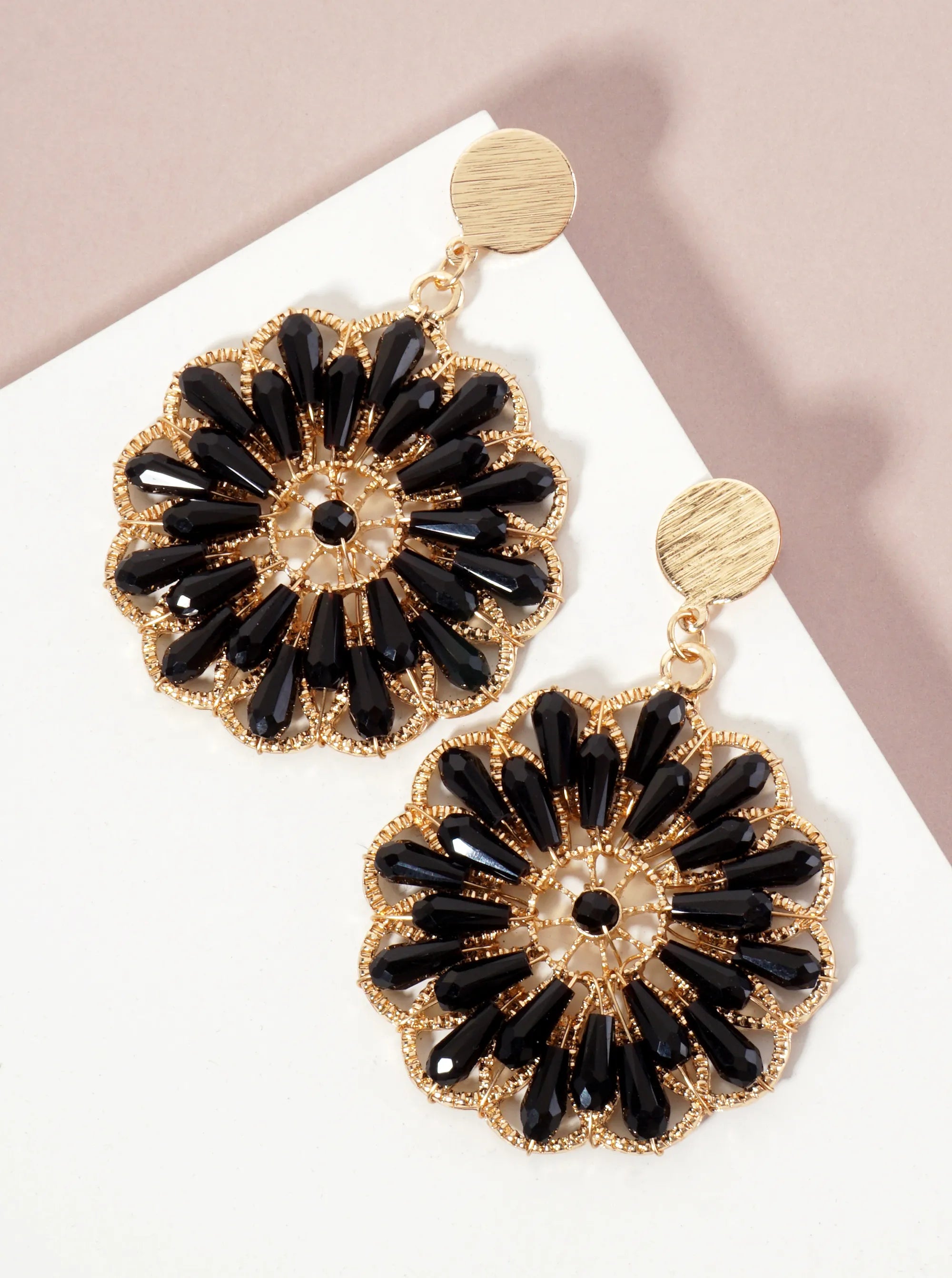 Botanical-Theme Flower-Shaped Glass-Beaded Drop Dangle Earrings