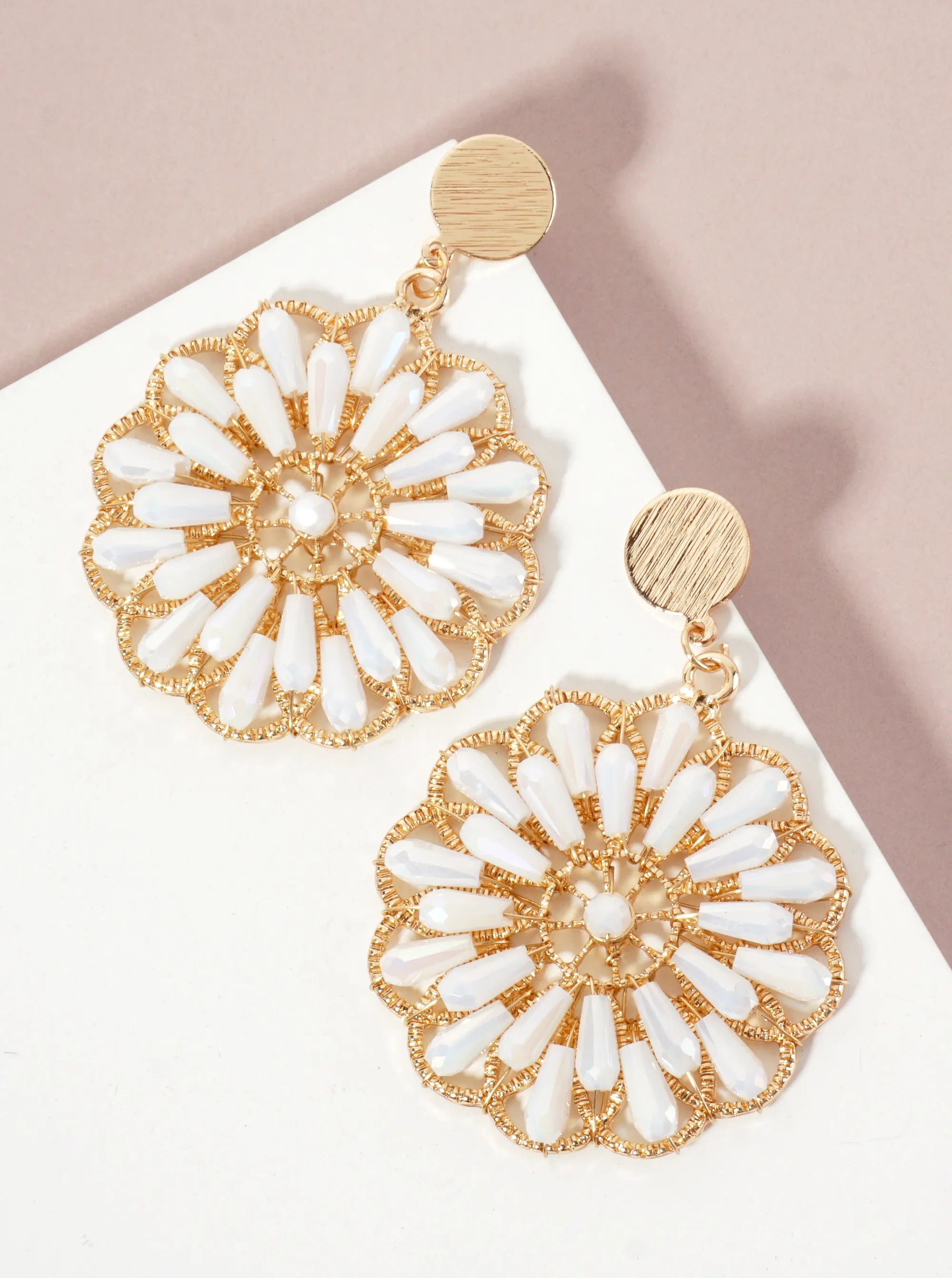 Botanical-Theme Flower-Shaped Glass-Beaded Drop Dangle Earrings