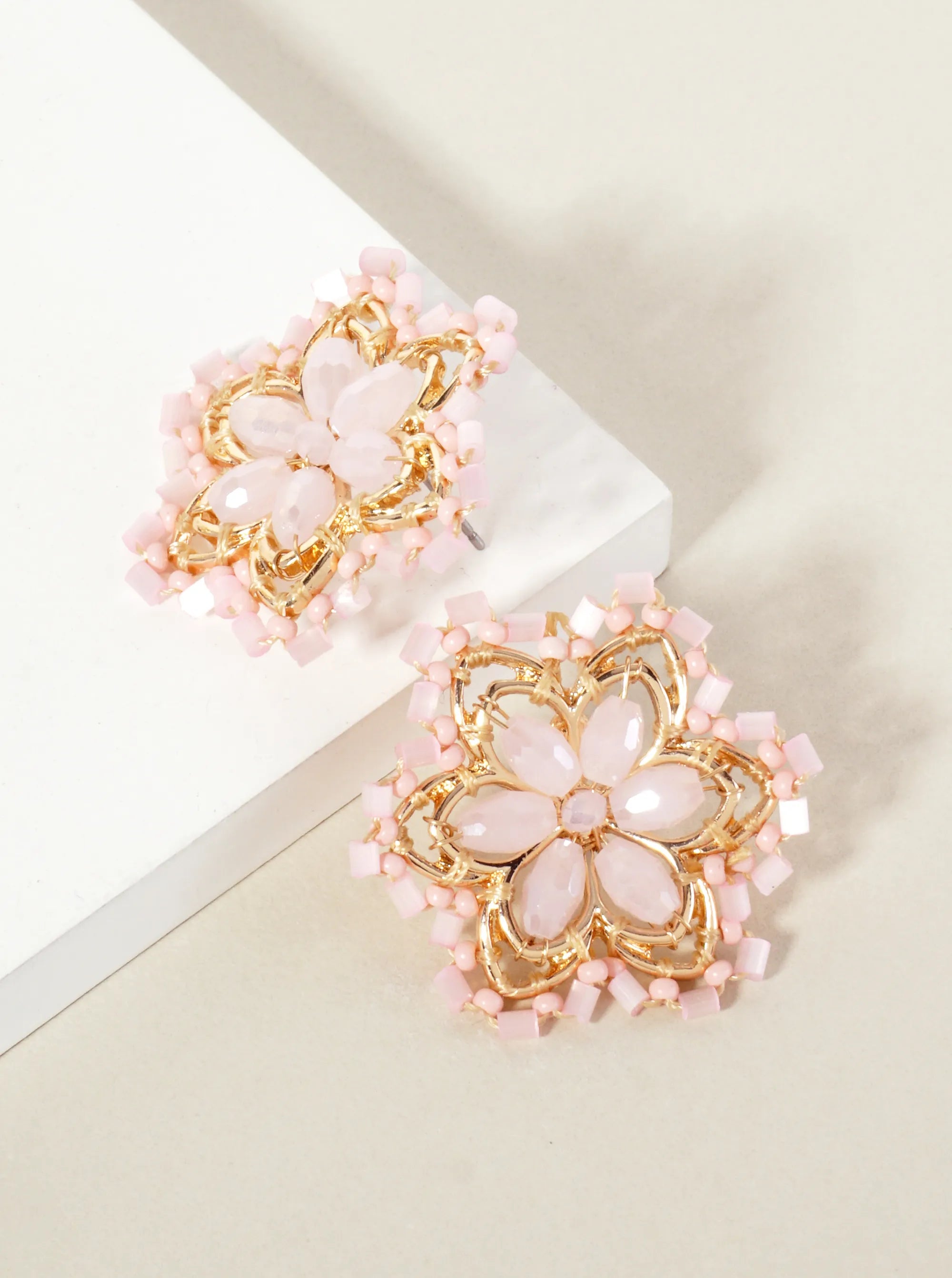 Botanical-Theme Glass-Beaded Flower Statement Stud Earrings