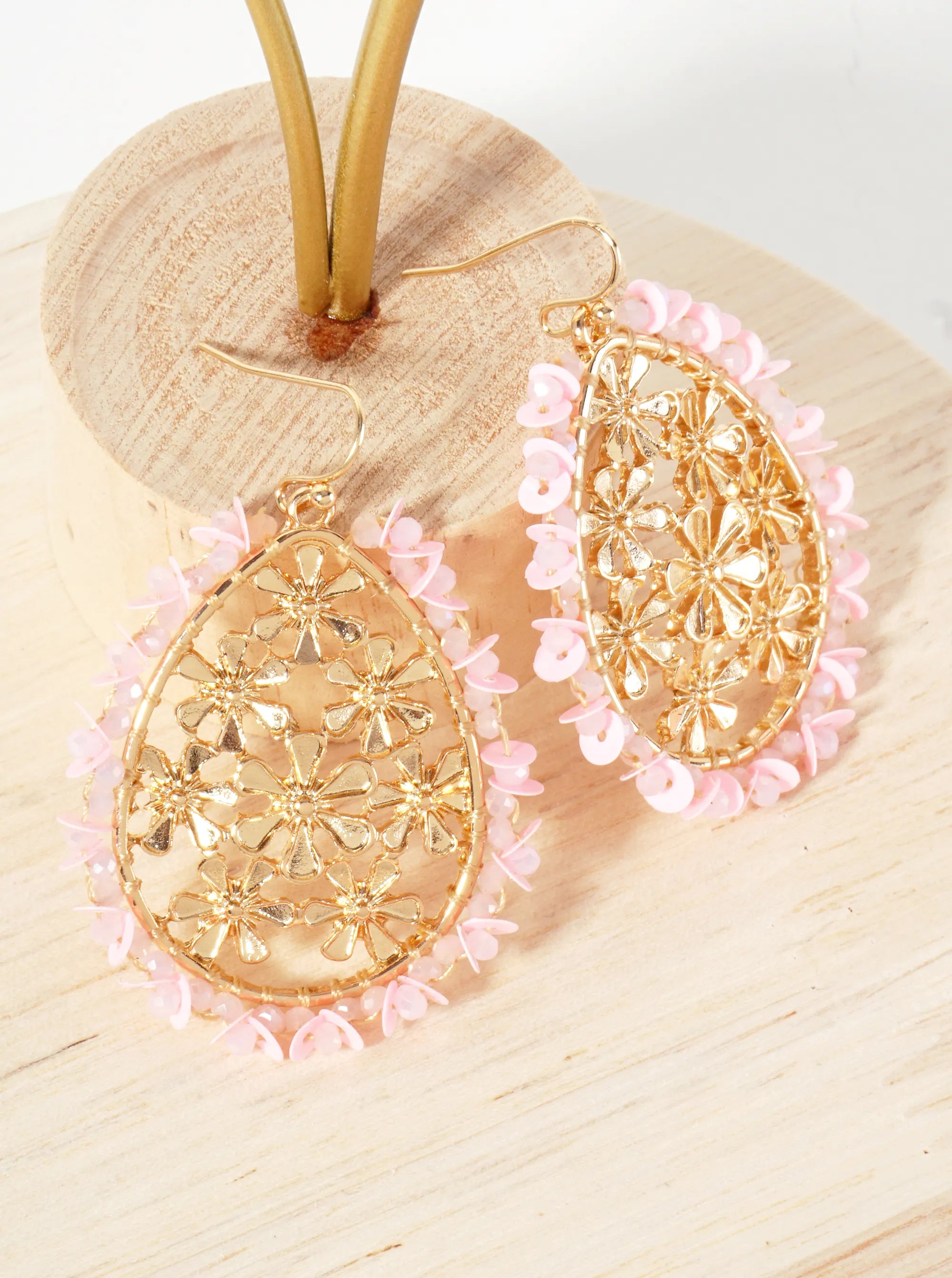 Botanical-Theme Sequin Glass-Beaded Floral Teardrop Dangle Earrings