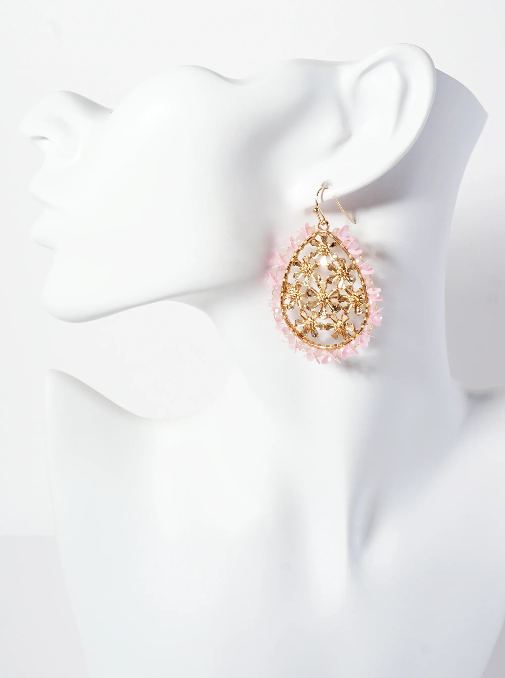Botanical-Theme Sequin Glass-Beaded Floral Teardrop Dangle Earrings
