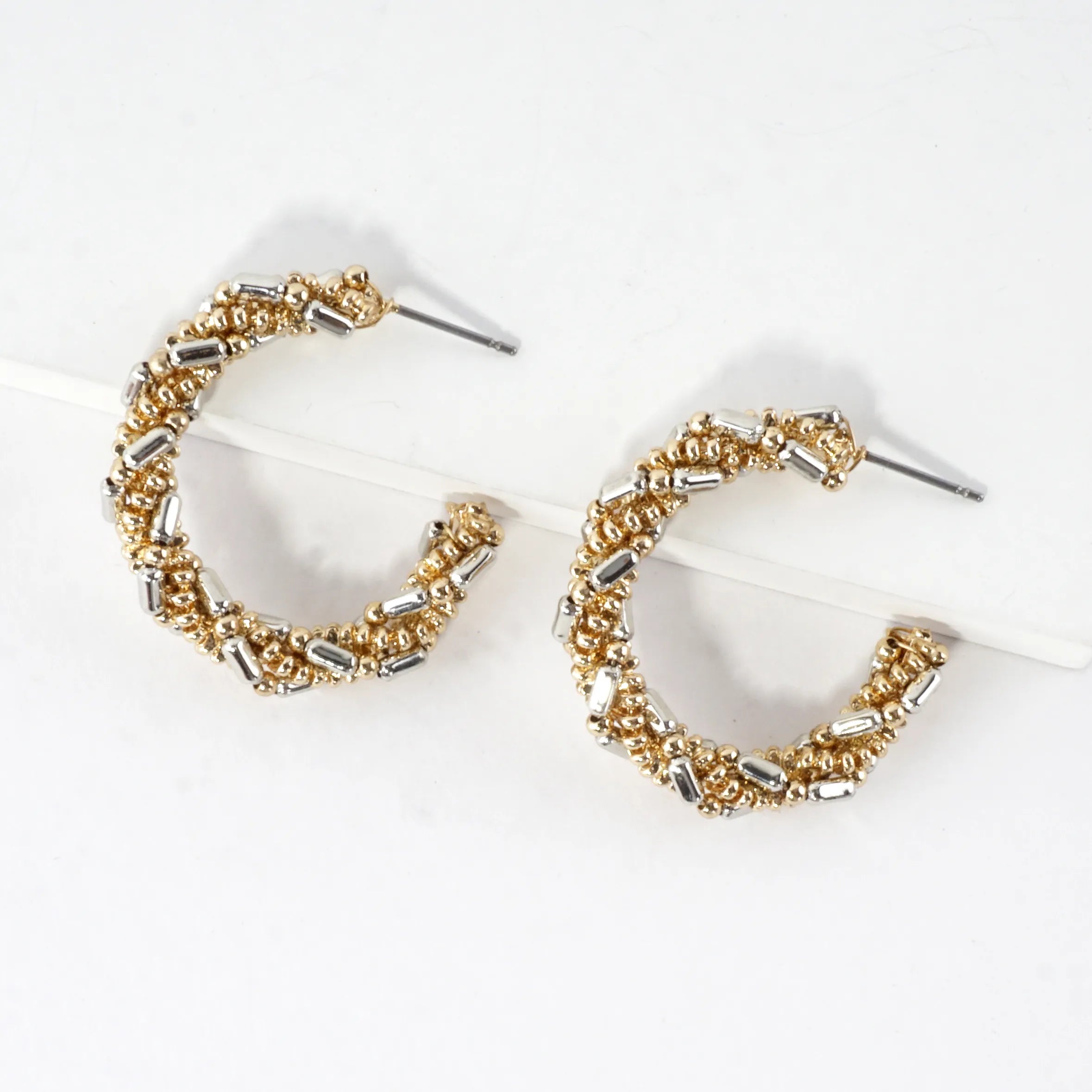 Braided Beaded Hoop Earrings Mixed Metal Accents