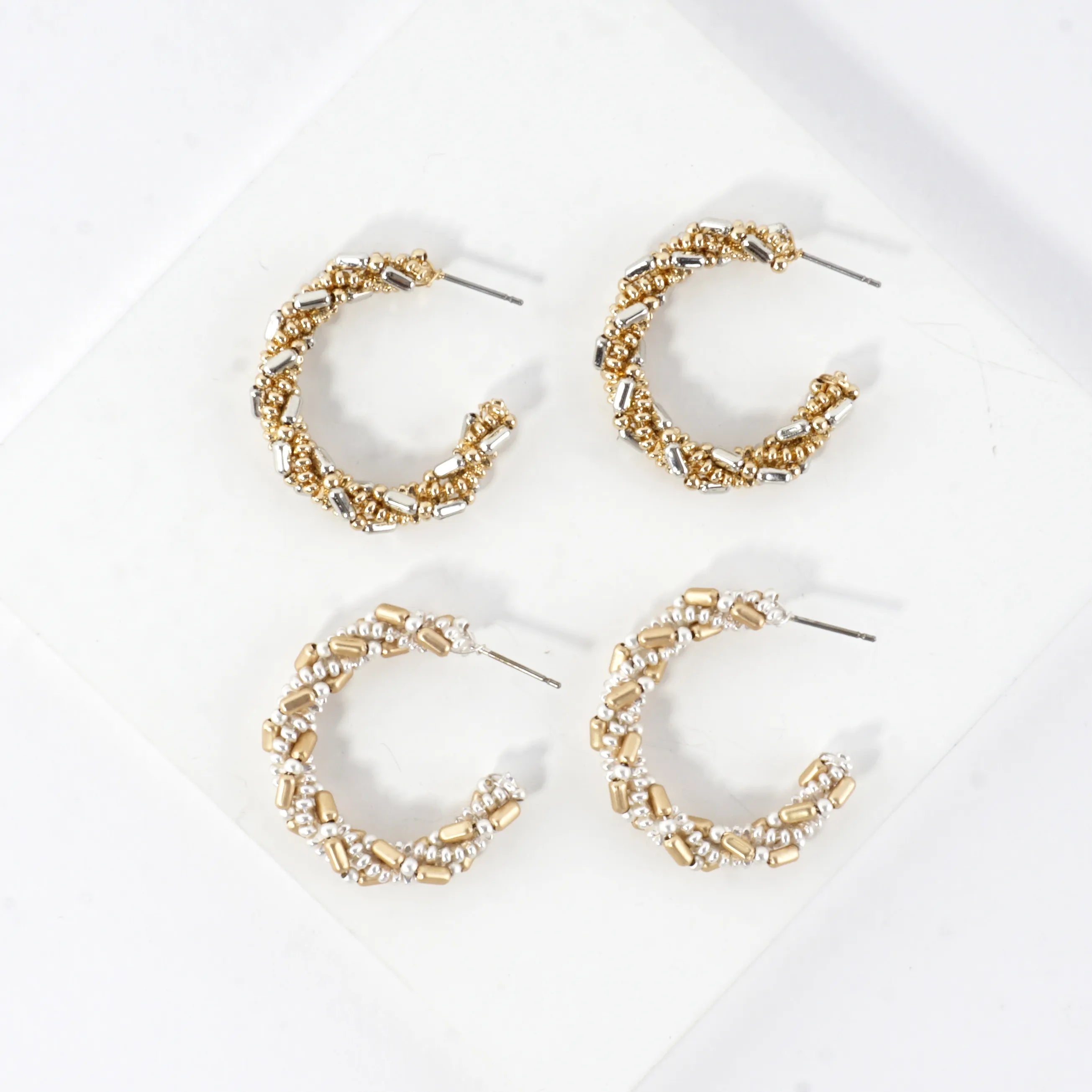 Braided Beaded Hoop Earrings Mixed Metal Accents