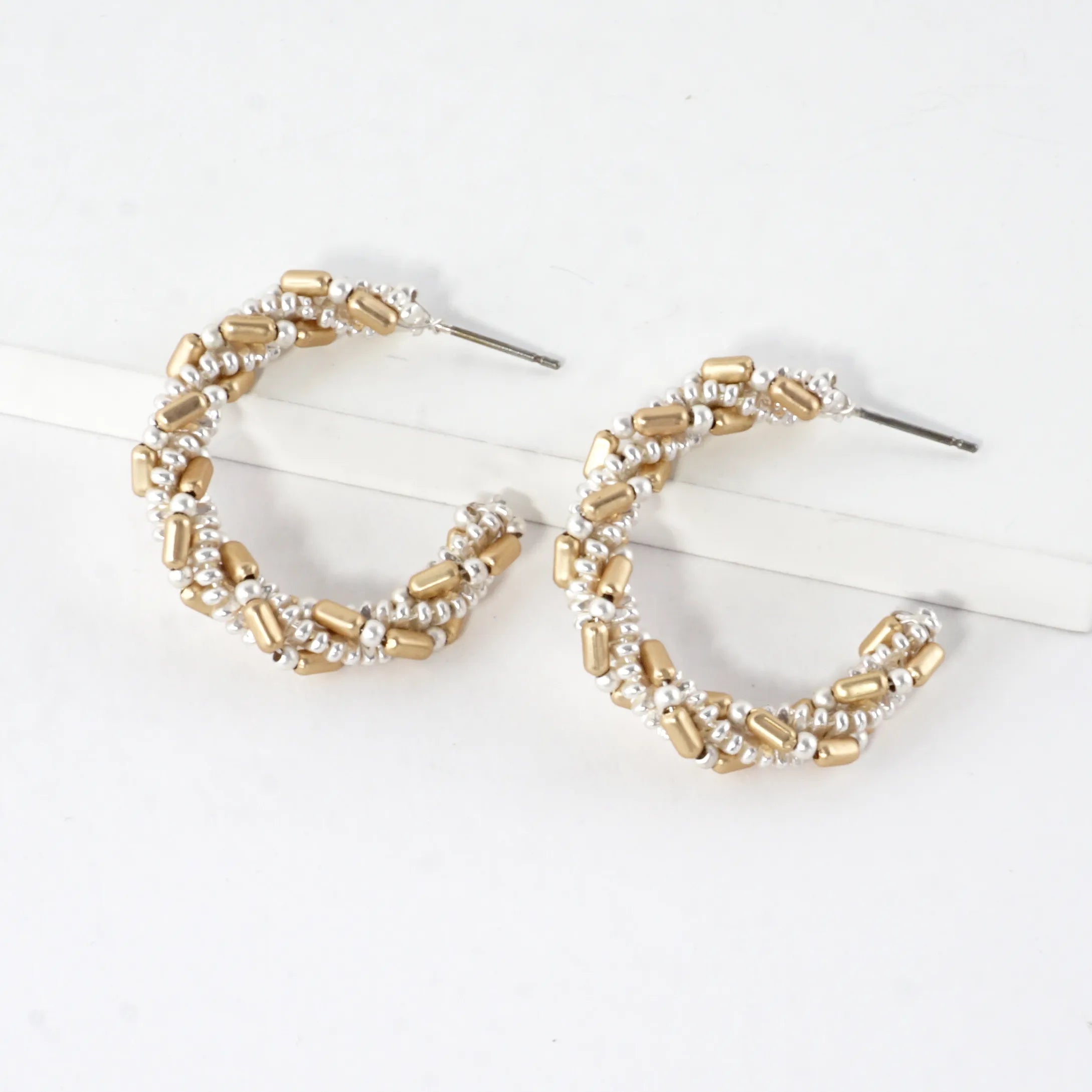 Braided Beaded Hoop Earrings Mixed Metal Accents