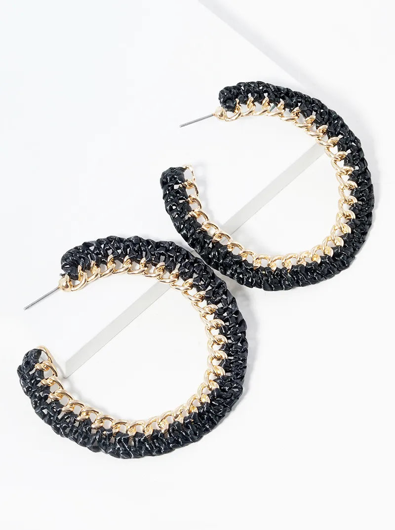 Braided Raffia Chain Open Hoop Earrings