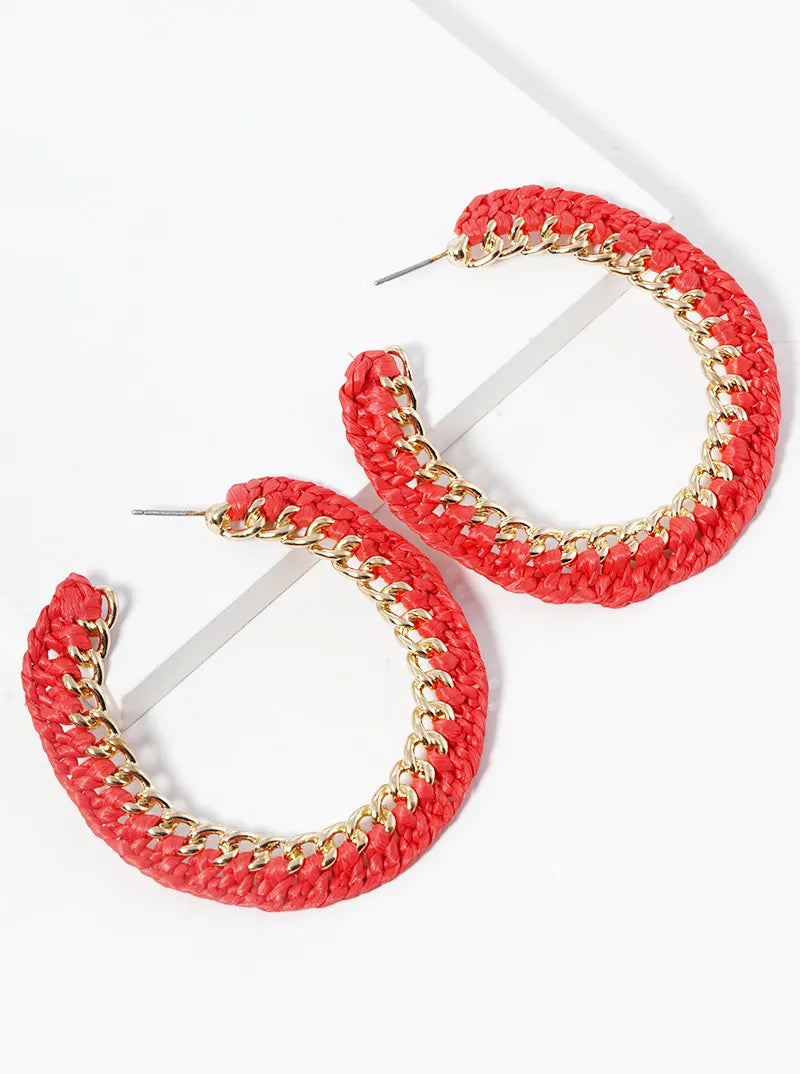 Braided Raffia Chain Open Hoop Earrings