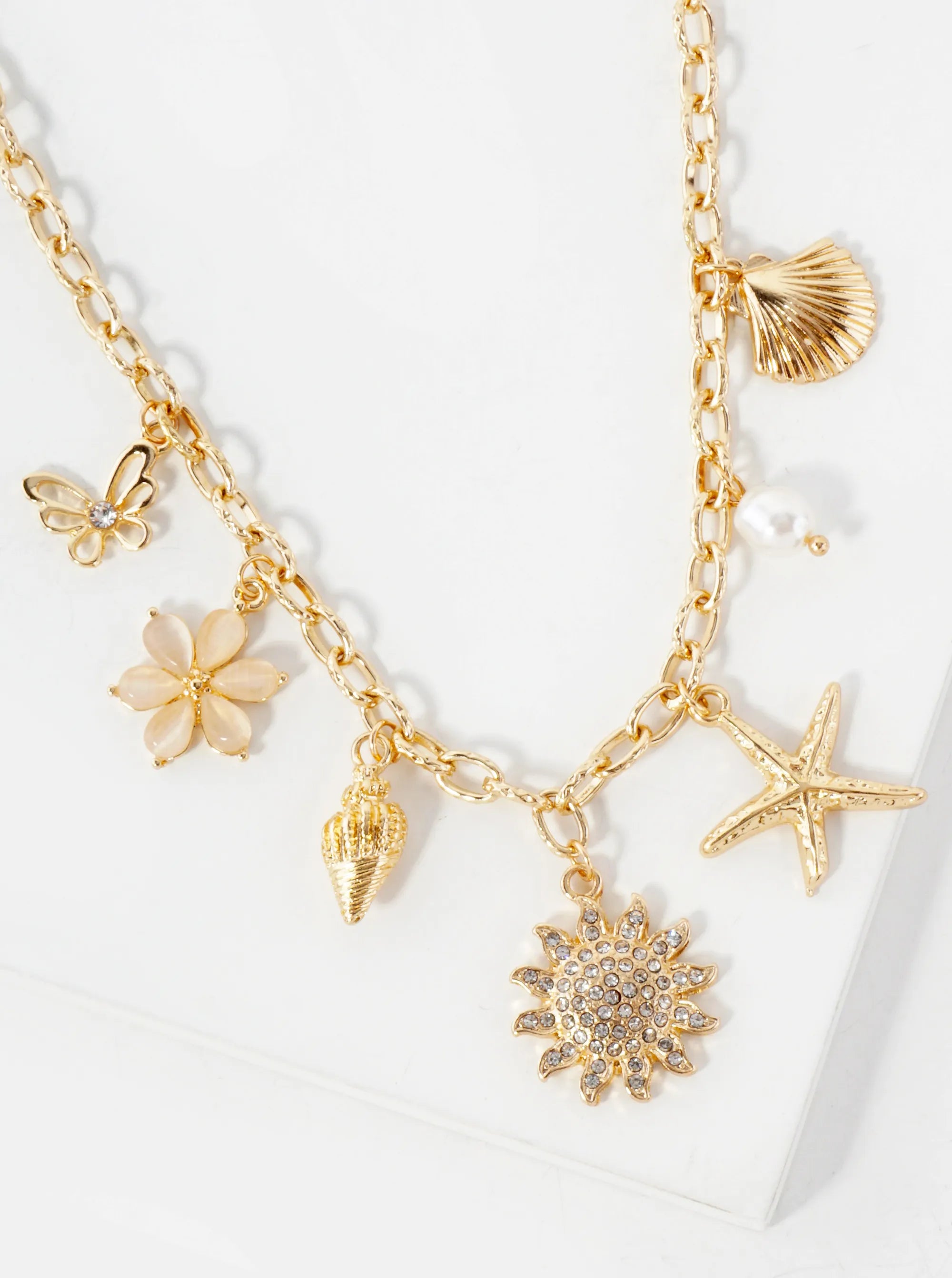 Butterfly Flower Conch Seashell Pave Crystal Sunburst Starfish Pearl Charm 16-Inch Necklace