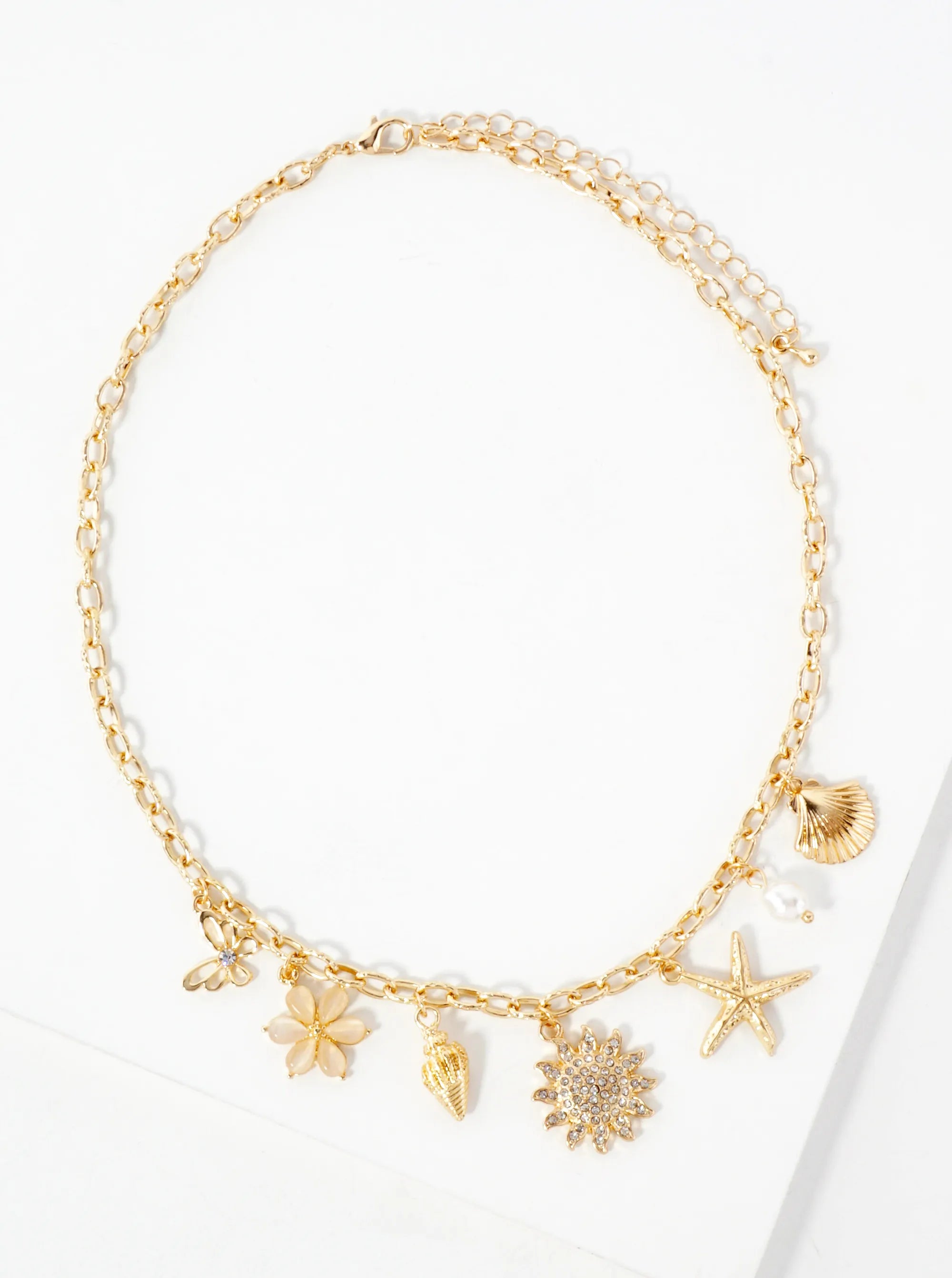 Butterfly Flower Conch Seashell Pave Crystal Sunburst Starfish Pearl Charm 16-Inch Necklace
