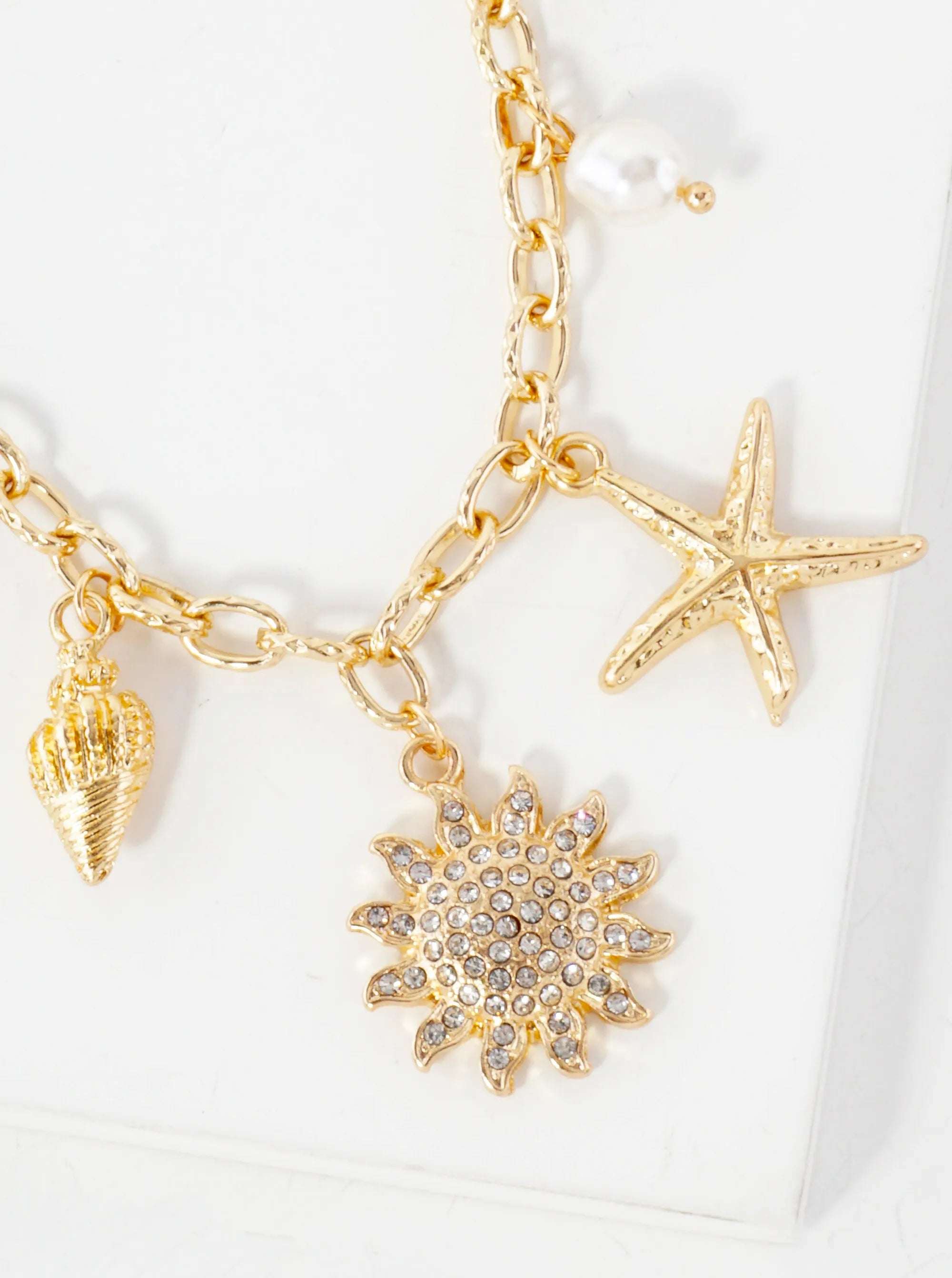 Butterfly Flower Conch Seashell Pave Crystal Sunburst Starfish Pearl Charm 16-Inch Necklace