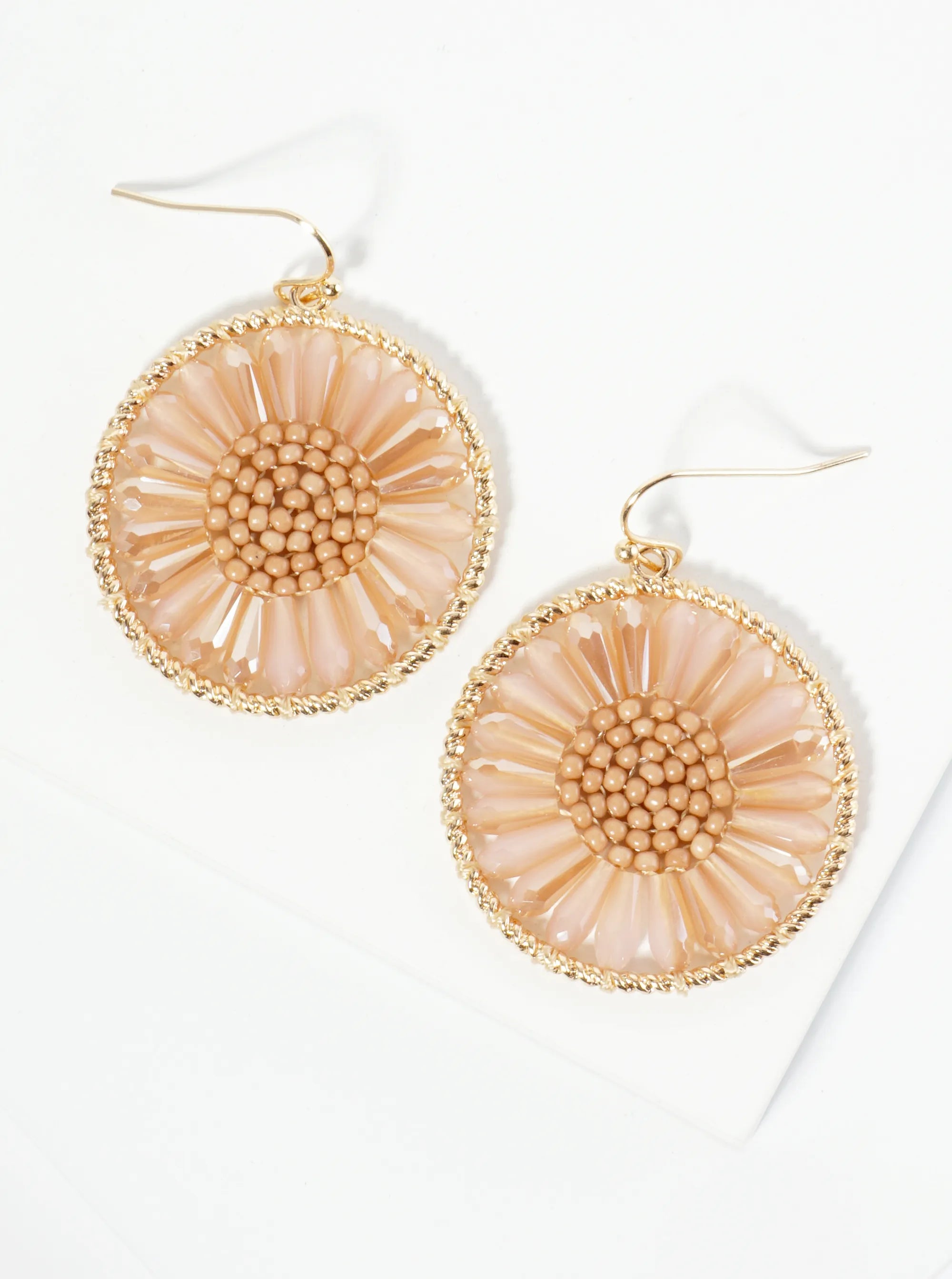 Circle Earrings With Glass Beads Woven Into A Flower Shape