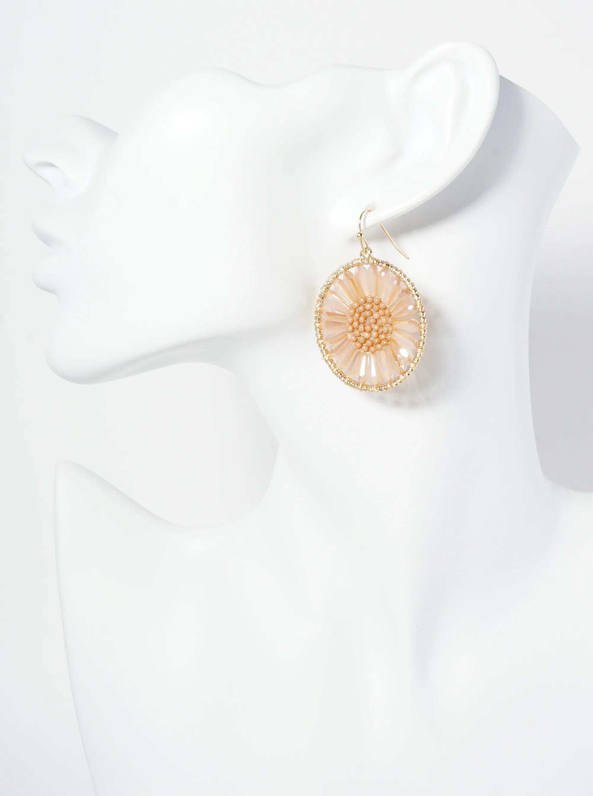 Circle Earrings With Glass Beads Woven Into A Flower Shape
