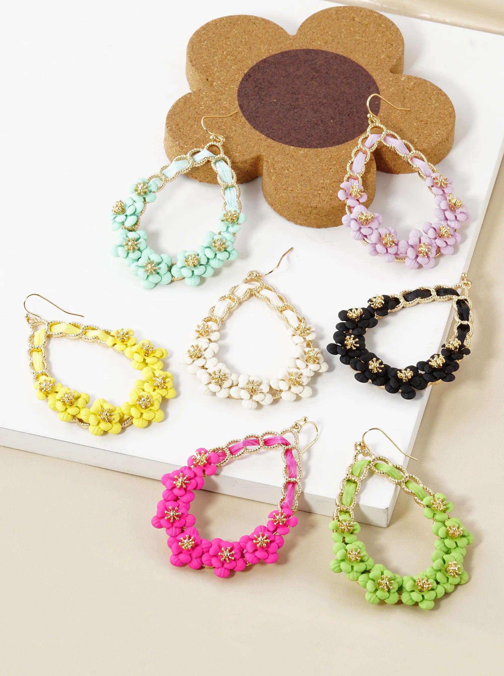 Color Coated Raffia Teardrop Earrings With Floral Accents