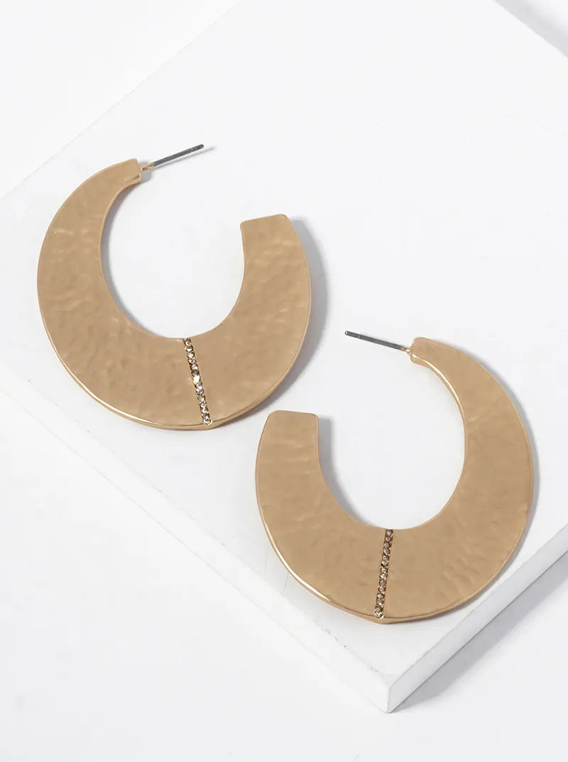 Crystal Pave Hammer Textured Flat Oval Hoop Earrings