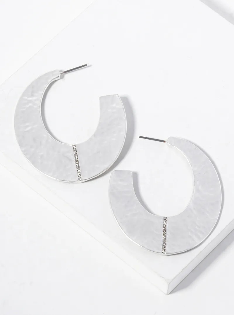 Crystal Pave Hammer Textured Flat Oval Hoop Earrings