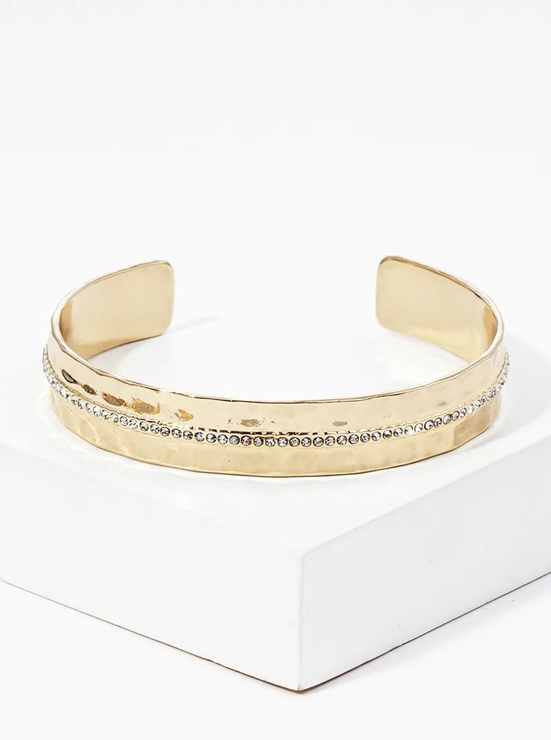 Crystal Pave Hammer Textured Metal Open Cuff Bracelet
