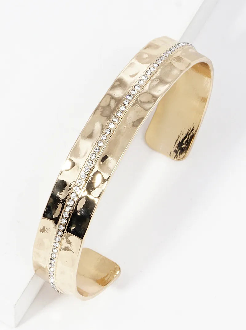 Crystal Pave Hammer Textured Metal Open Cuff Bracelet