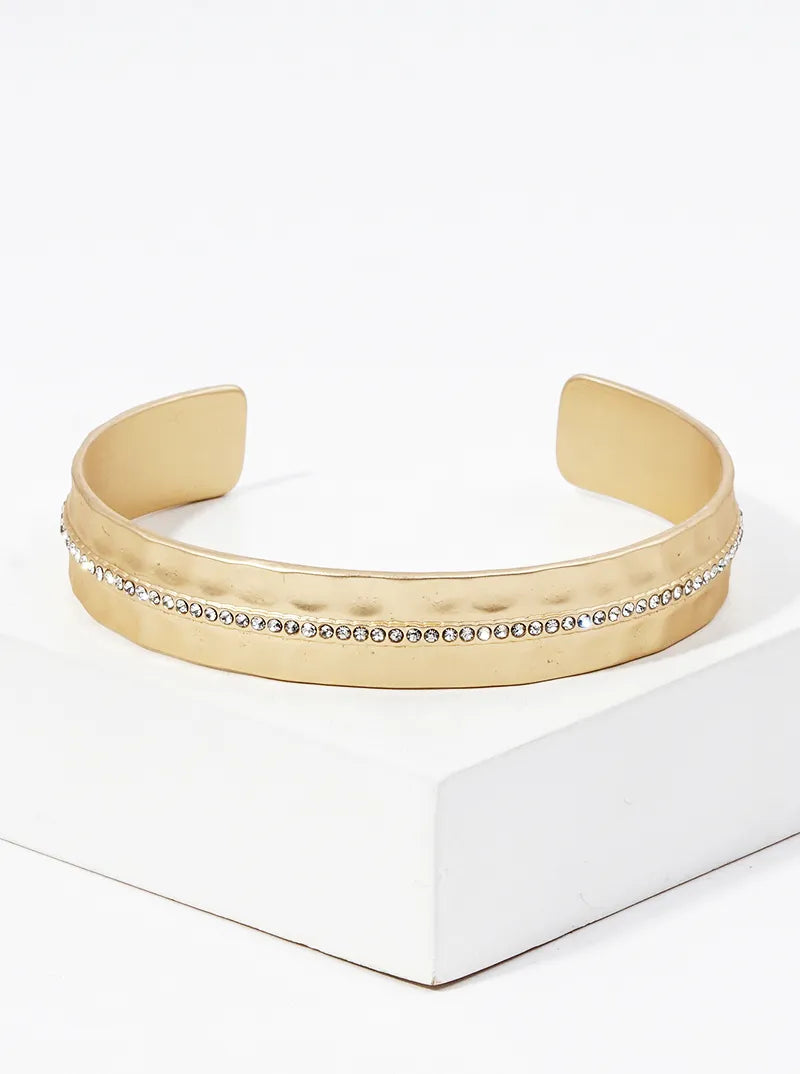 Crystal Pave Hammer Textured Metal Open Cuff Bracelet