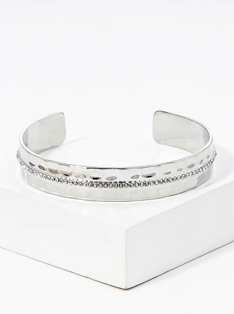 Crystal Pave Hammer Textured Metal Open Cuff Bracelet