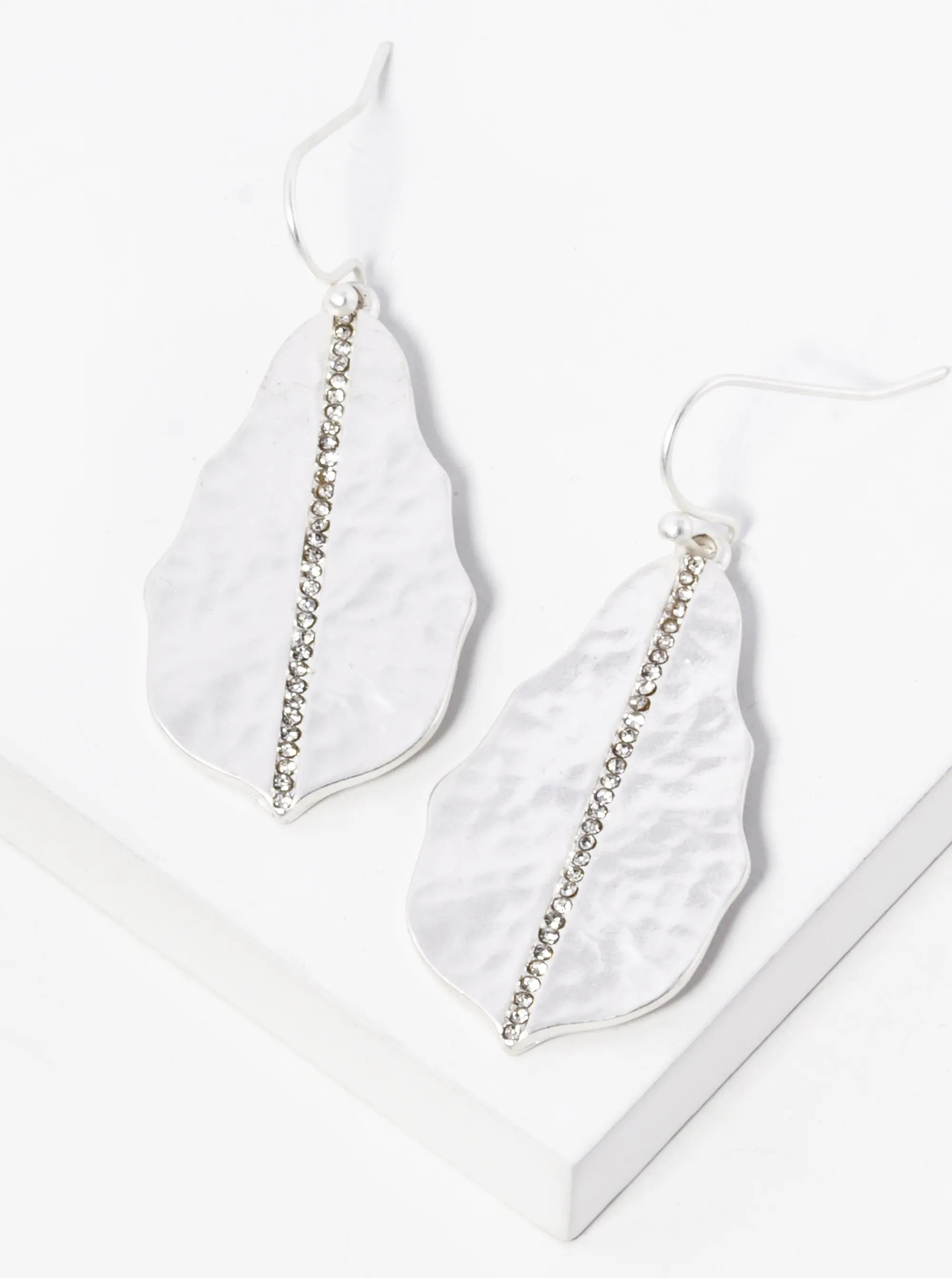 Crystal Pave Hammered Metal Dangle Drop Earrings