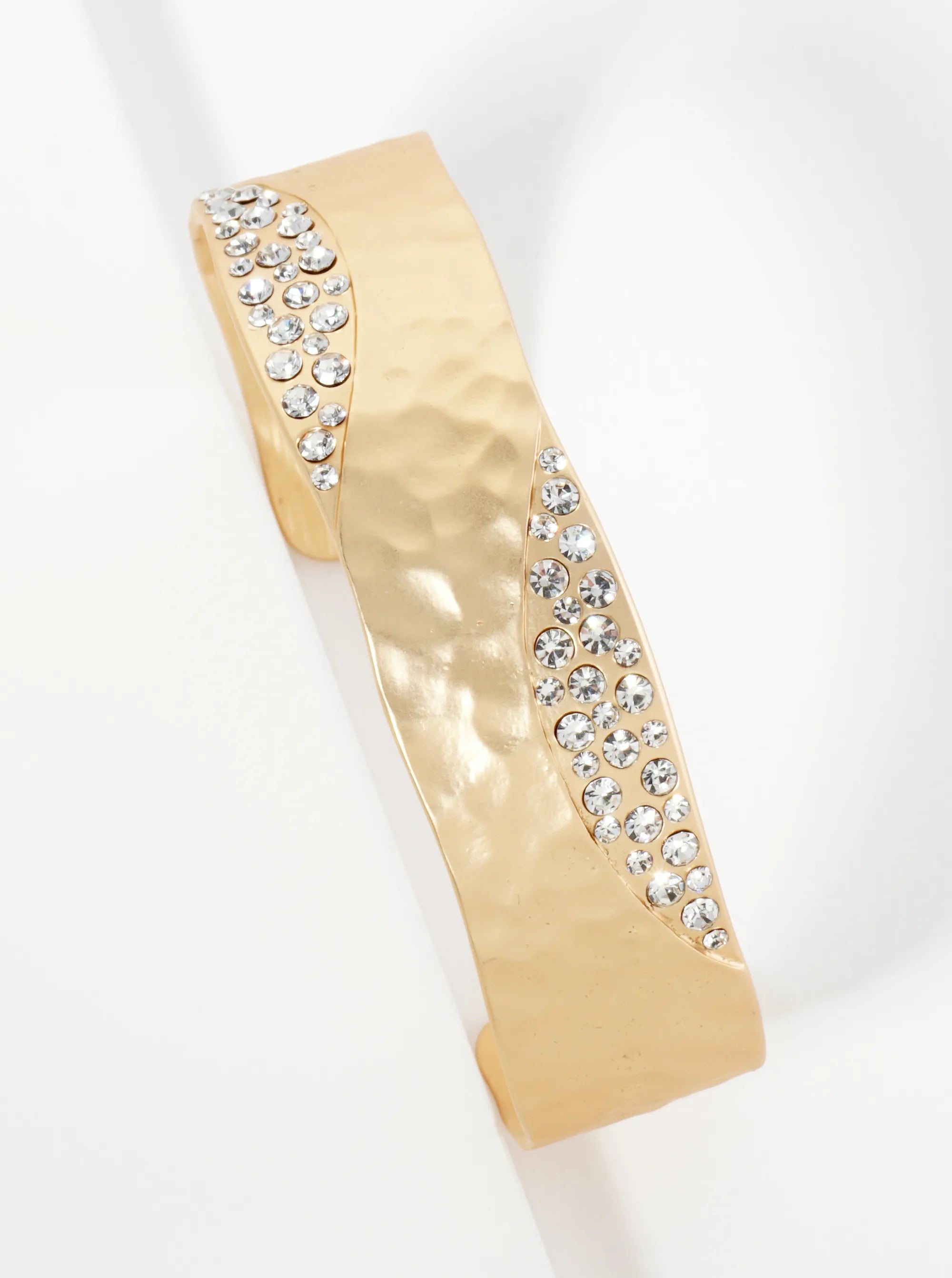Crystal Pave Hammered Metal Open Cuff Bracelet