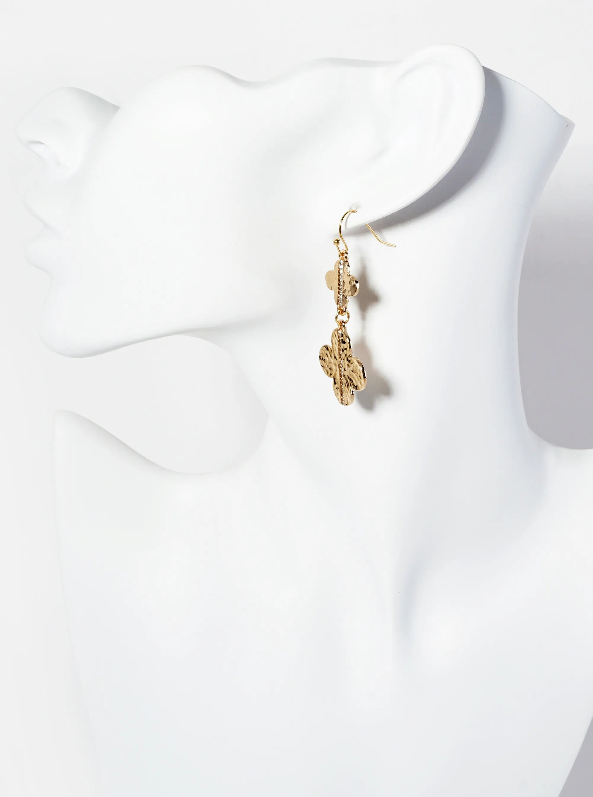 Crystal-Pave Hammered-Texture Double-Quatrefoil Drop Dangle Earrings