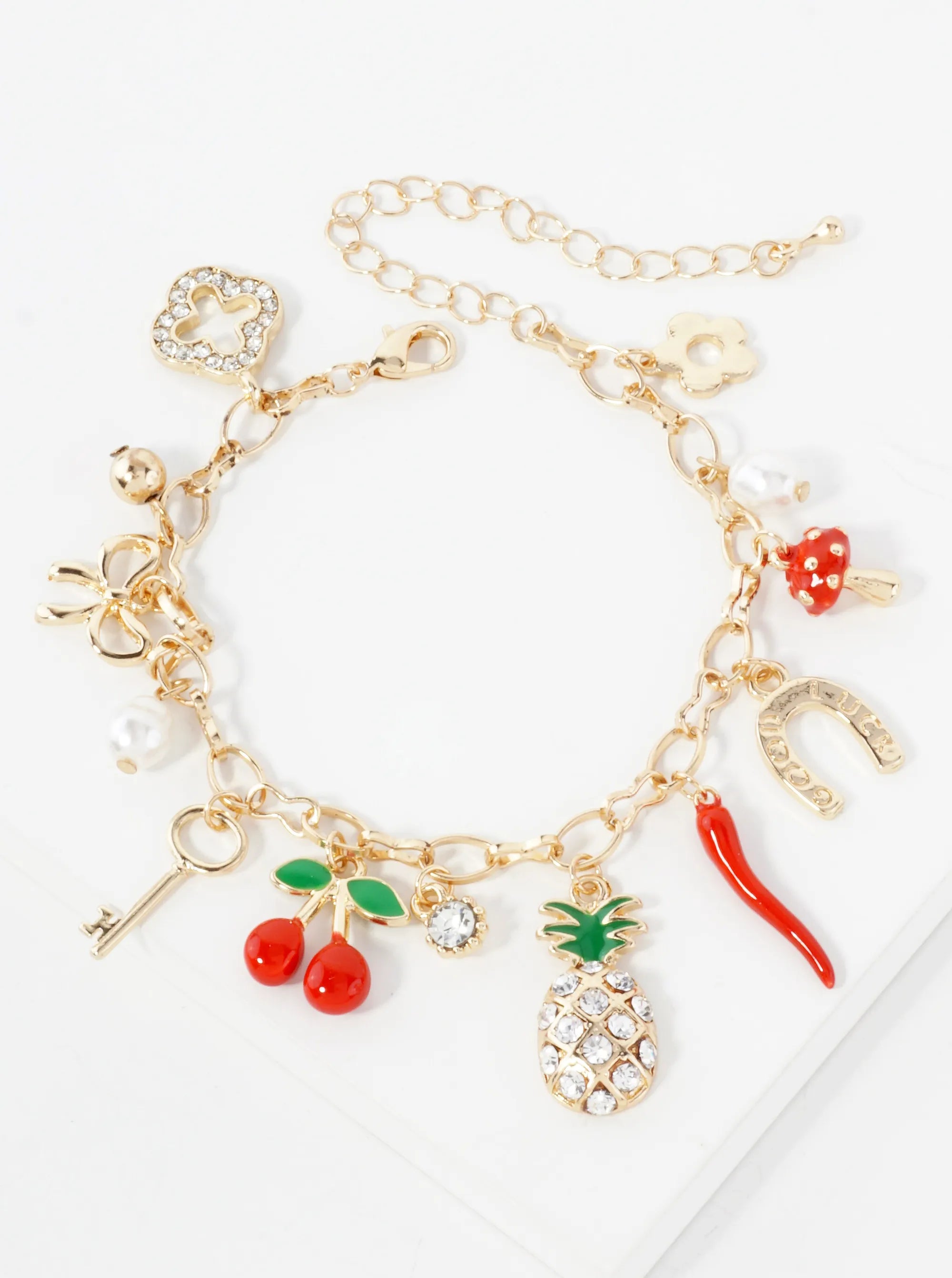 Crystal-Pave Quatrefoil Pineapple Horseshoe Bow Cherry Key Pearl Pepper Mushroom Flower Lucky Charm Bracelet