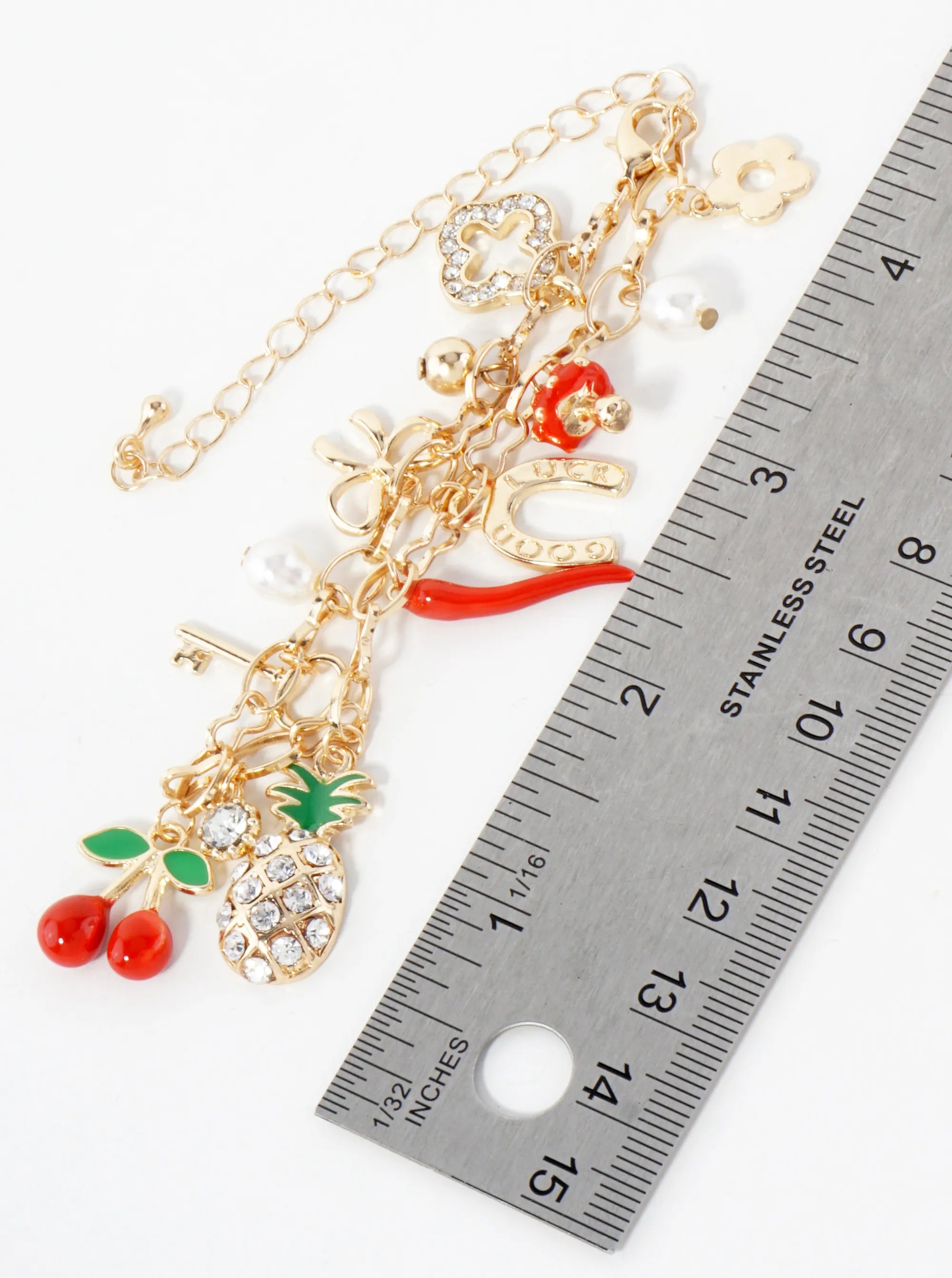 Crystal-Pave Quatrefoil Pineapple Horseshoe Bow Cherry Key Pearl Pepper Mushroom Flower Lucky Charm Bracelet