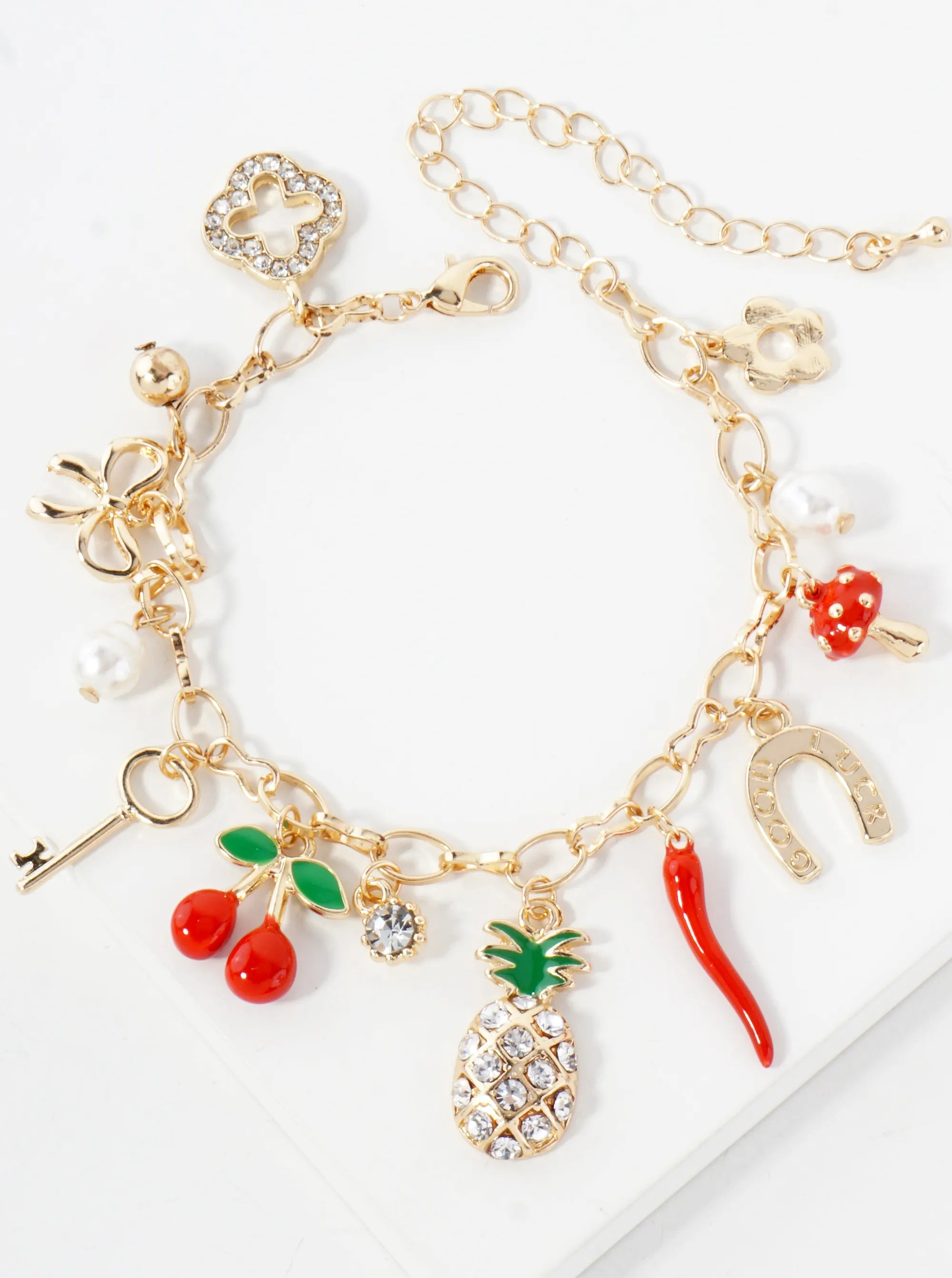 Crystal-Pave Quatrefoil Pineapple Horseshoe Bow Cherry Key Pearl Pepper Mushroom Flower Lucky Charm Bracelet