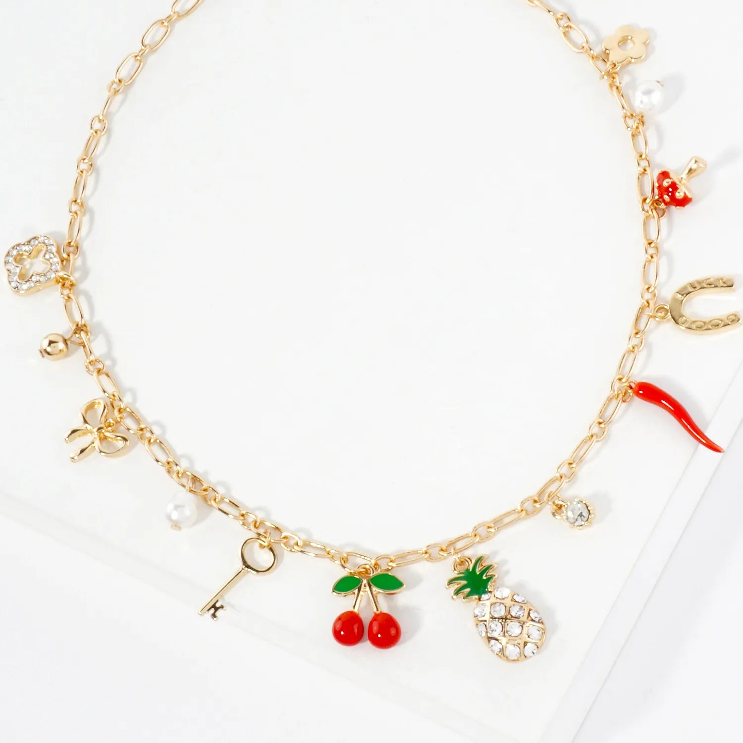 Crystal-Pave Quatrefoil Pineapple Horseshoe Bow Cherry Key Pearl Pepper Mushroom Flower Lucky Charm Necklace