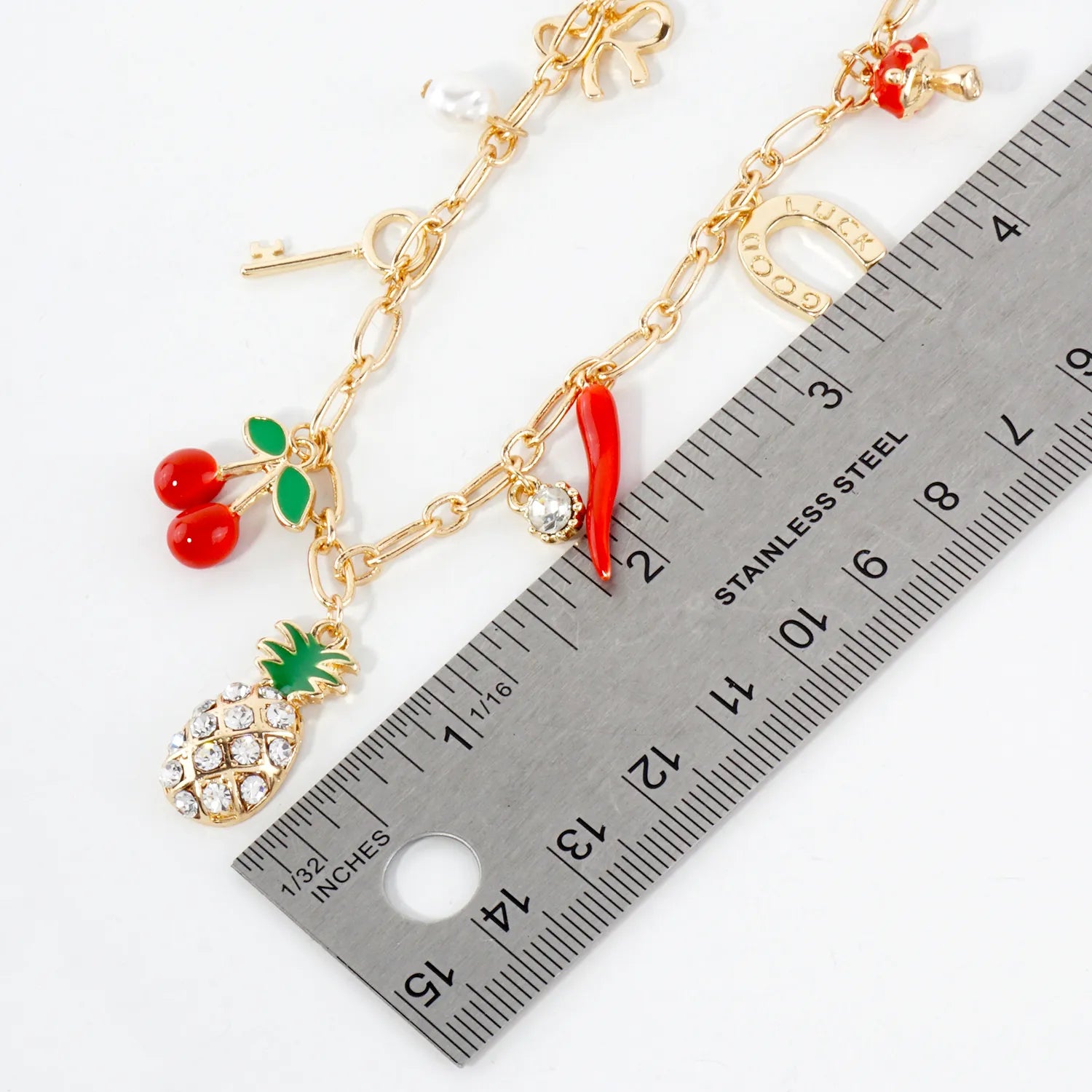Crystal-Pave Quatrefoil Pineapple Horseshoe Bow Cherry Key Pearl Pepper Mushroom Flower Lucky Charm Necklace