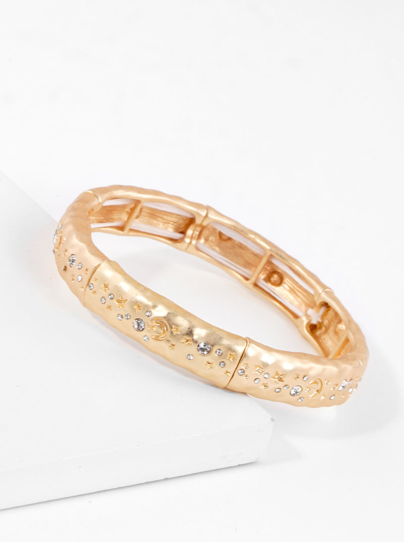 Crystal Pave Textured Metal Celestial Stretch Bangle Bracelet