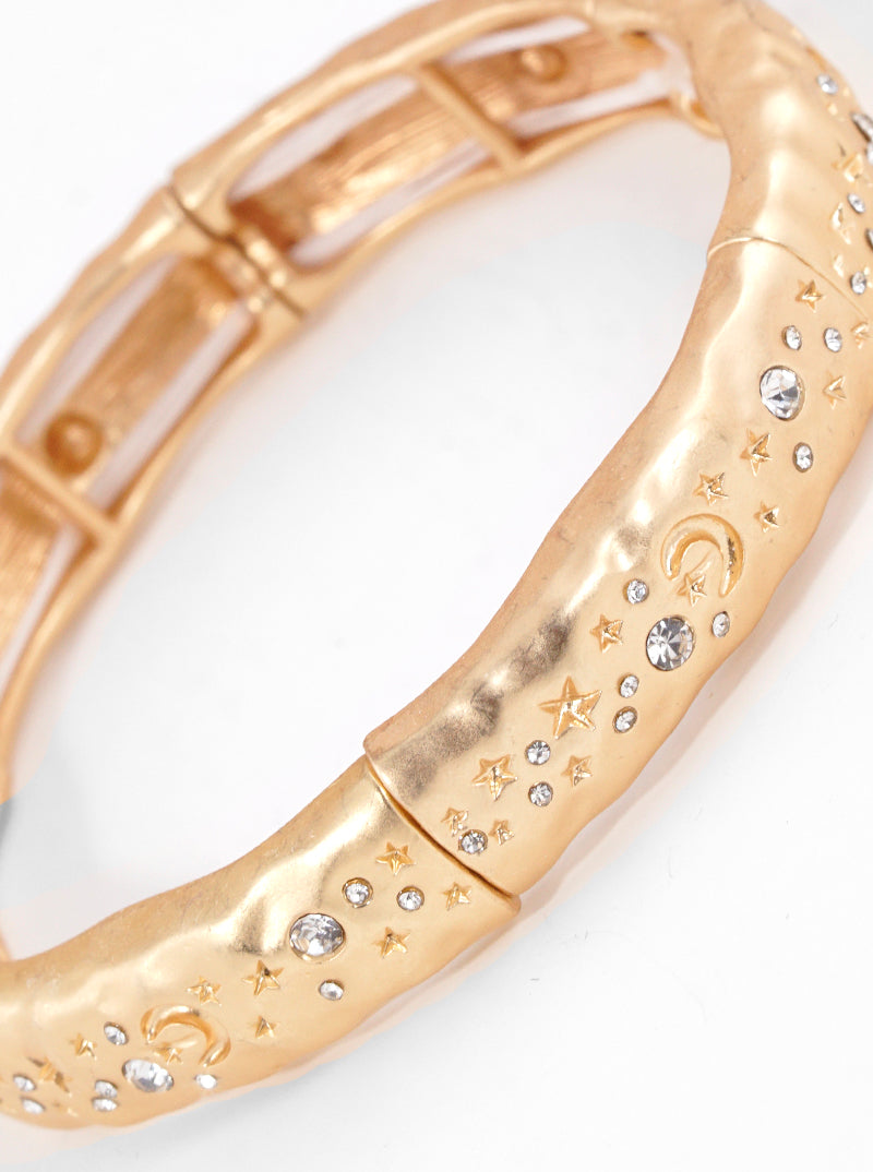Crystal Pave Textured Metal Celestial Stretch Bangle Bracelet