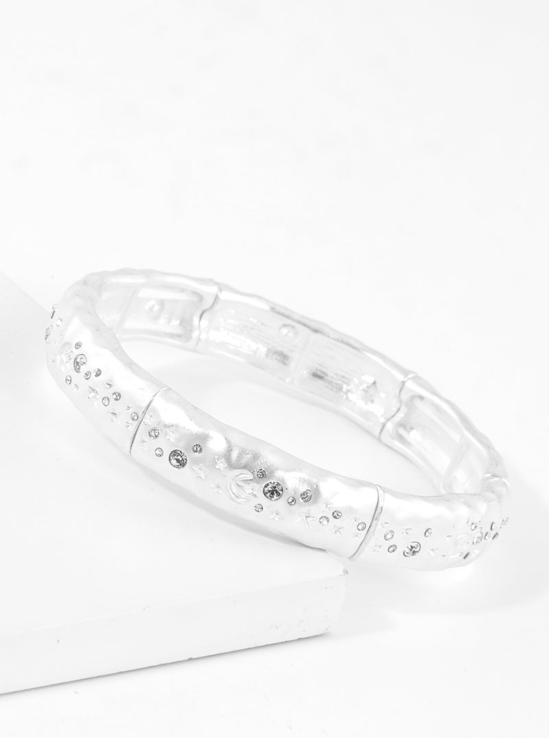 Crystal Pave Textured Metal Celestial Stretch Bangle Bracelet