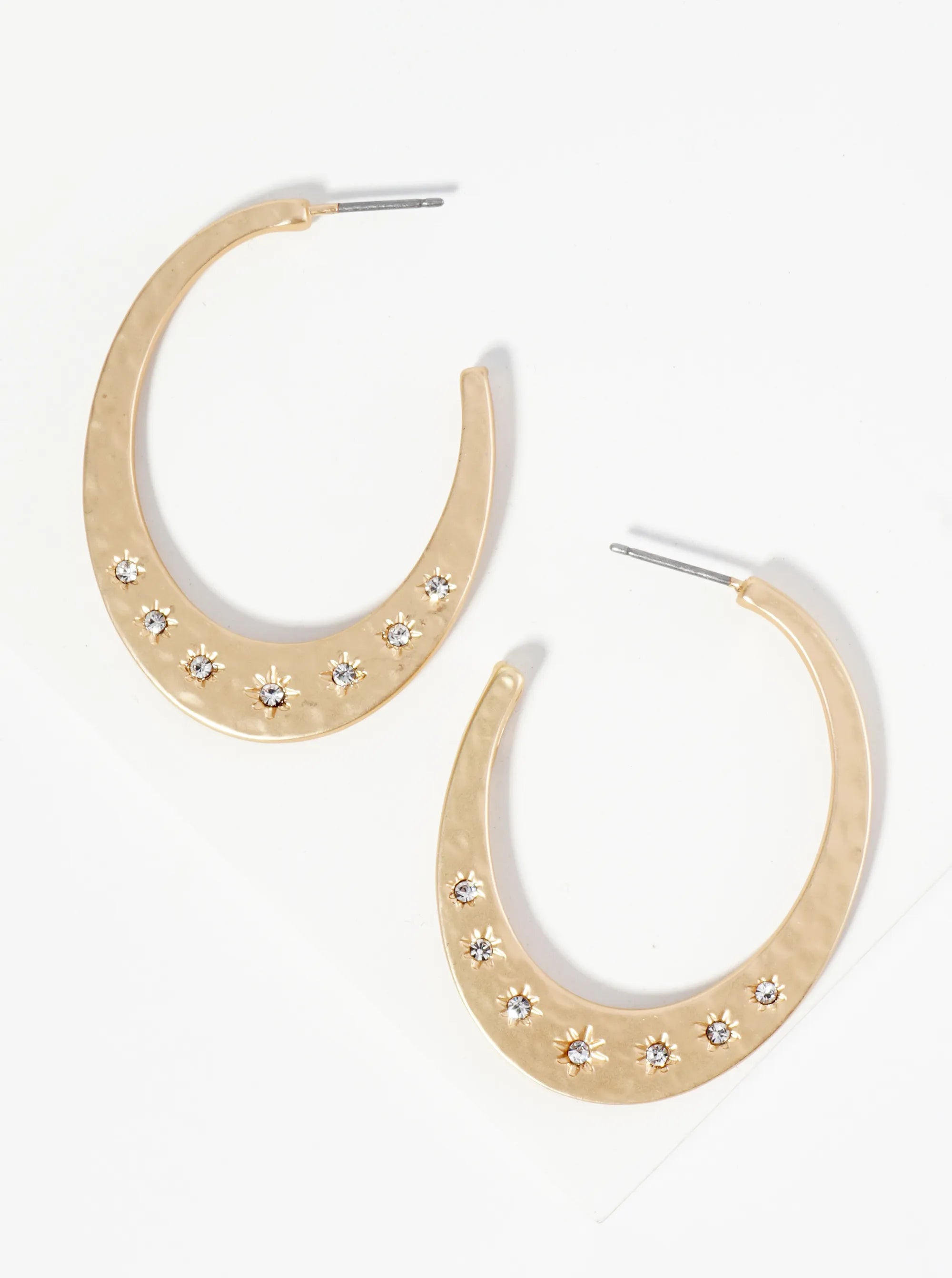 Crystal Studded Hammered Metal Oval Shape Wide Hoop Earrings