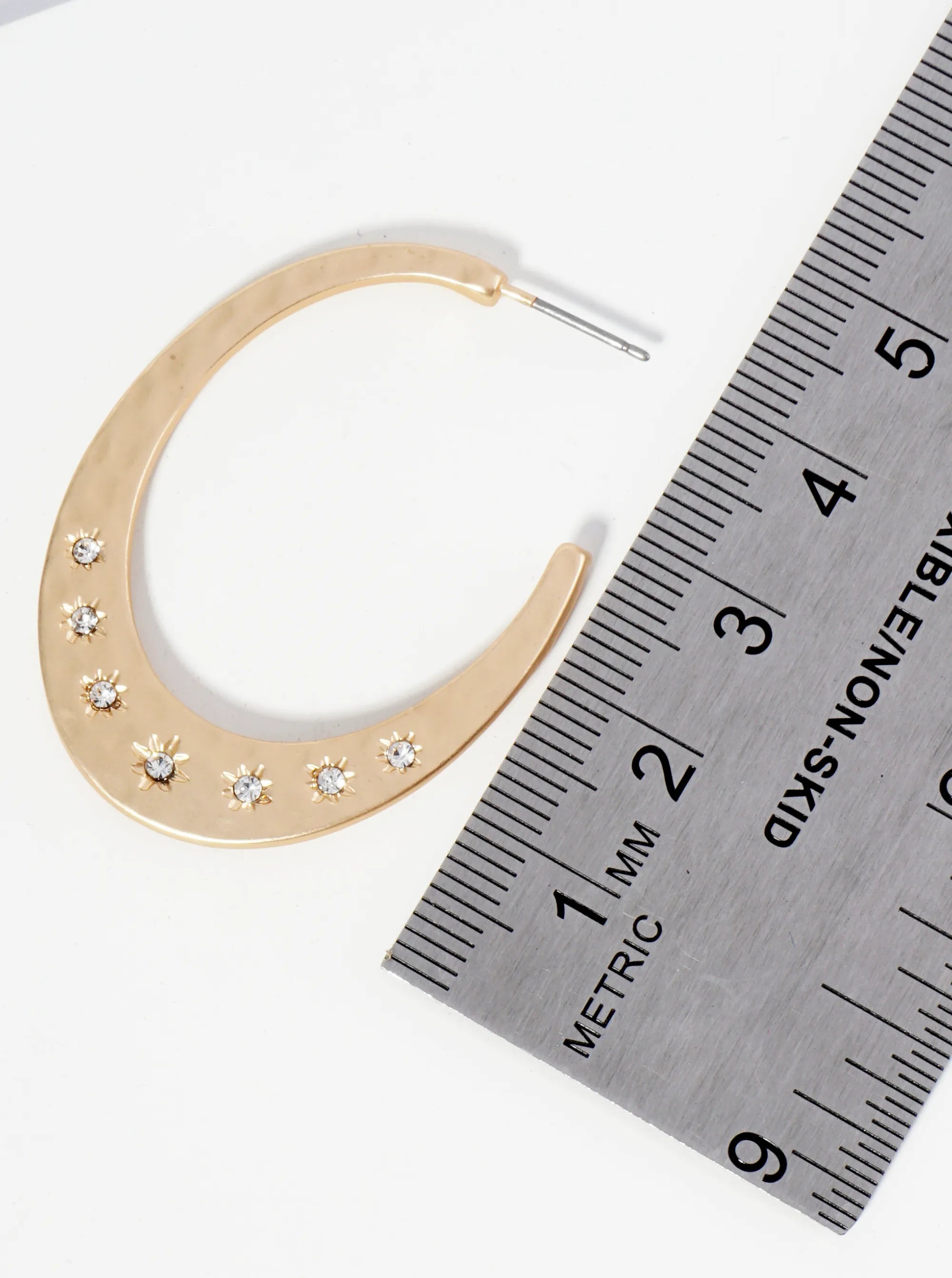Crystal Studded Hammered Metal Oval Shape Wide Hoop Earrings