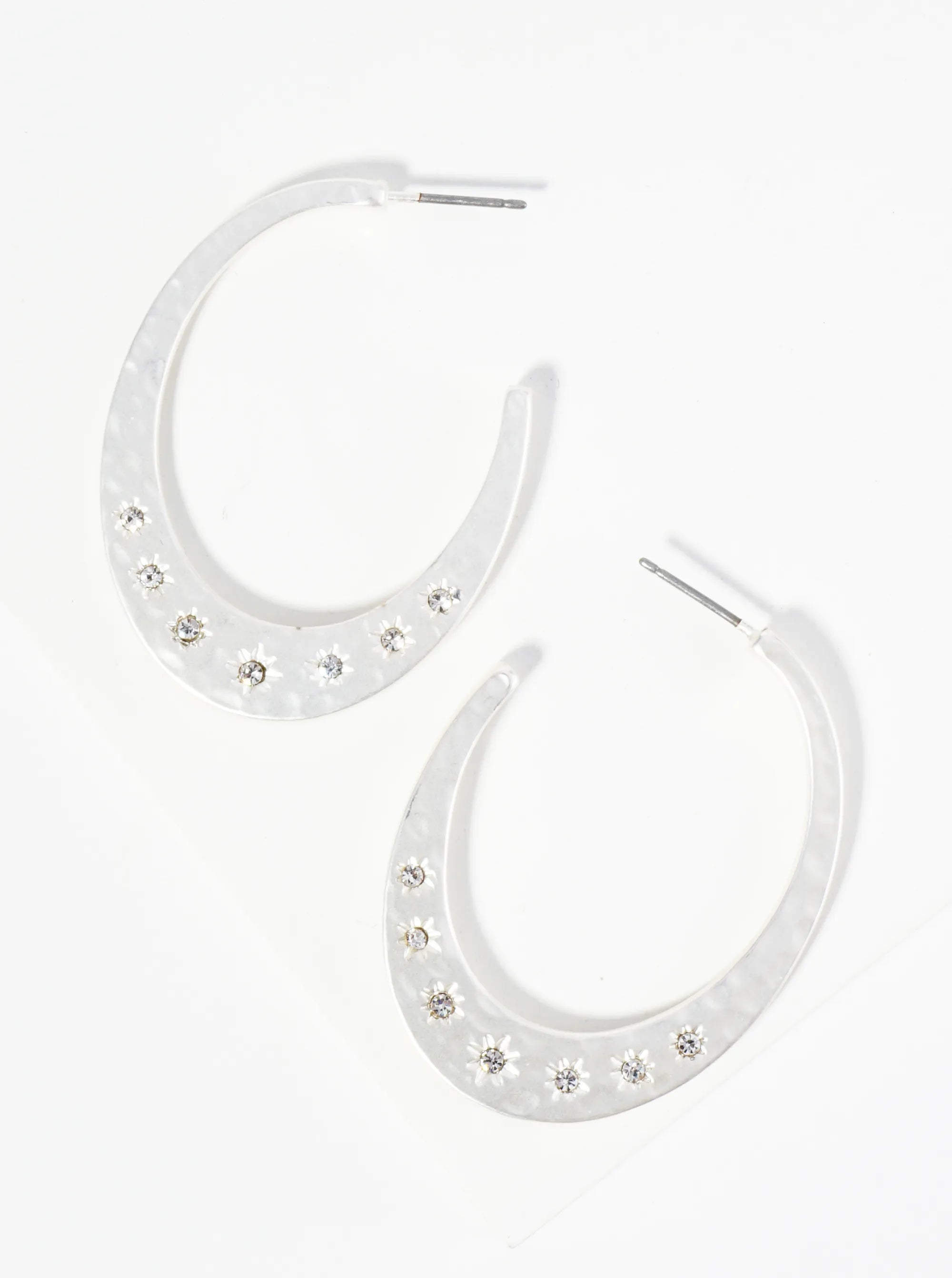 Crystal Studded Hammered Metal Oval Shape Wide Hoop Earrings
