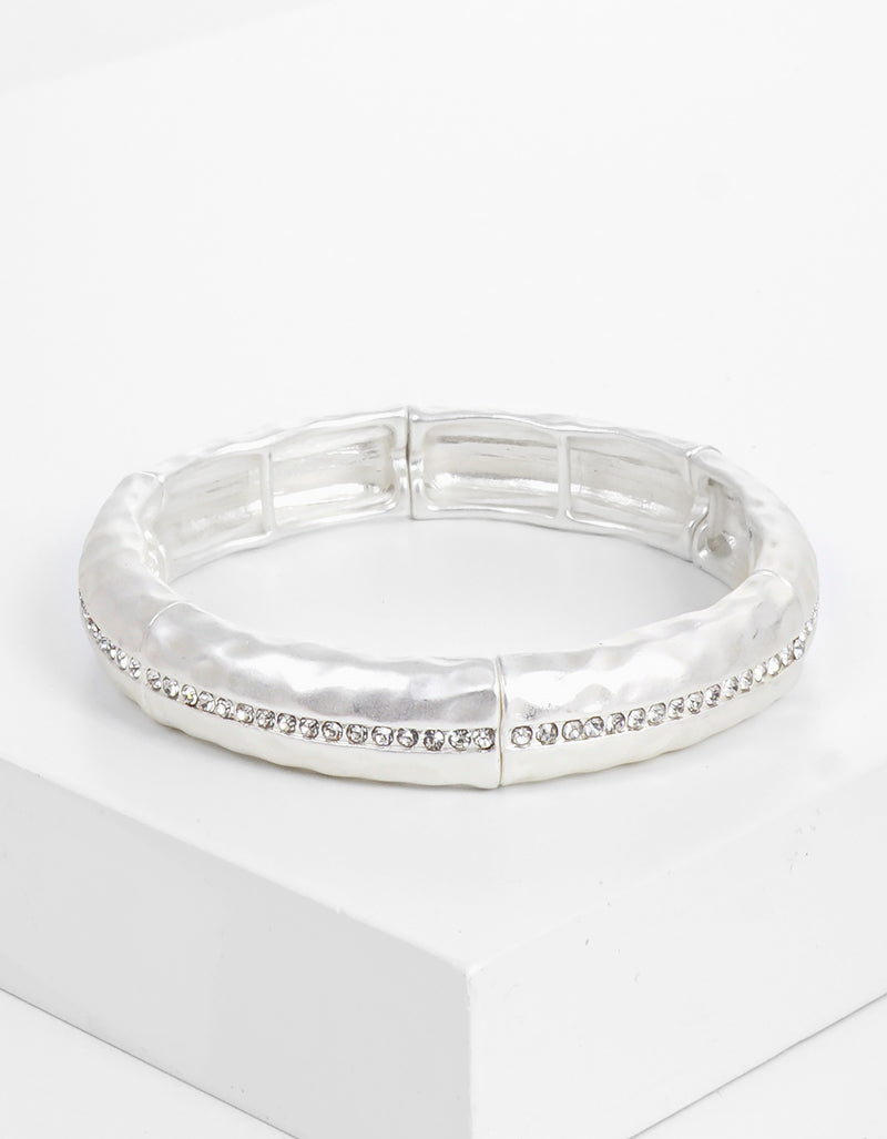 Crystal Pave Hammered Metal Stretch Bangle Bracelet