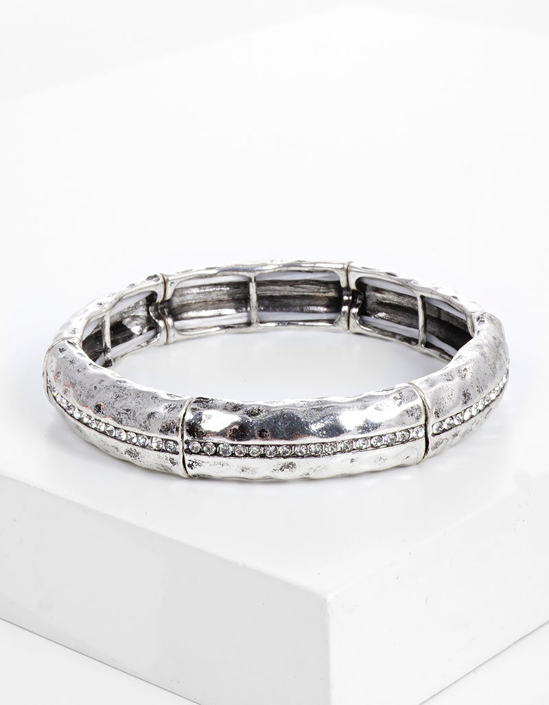Crystal Pave Hammered Metal Stretch Bangle Bracelet