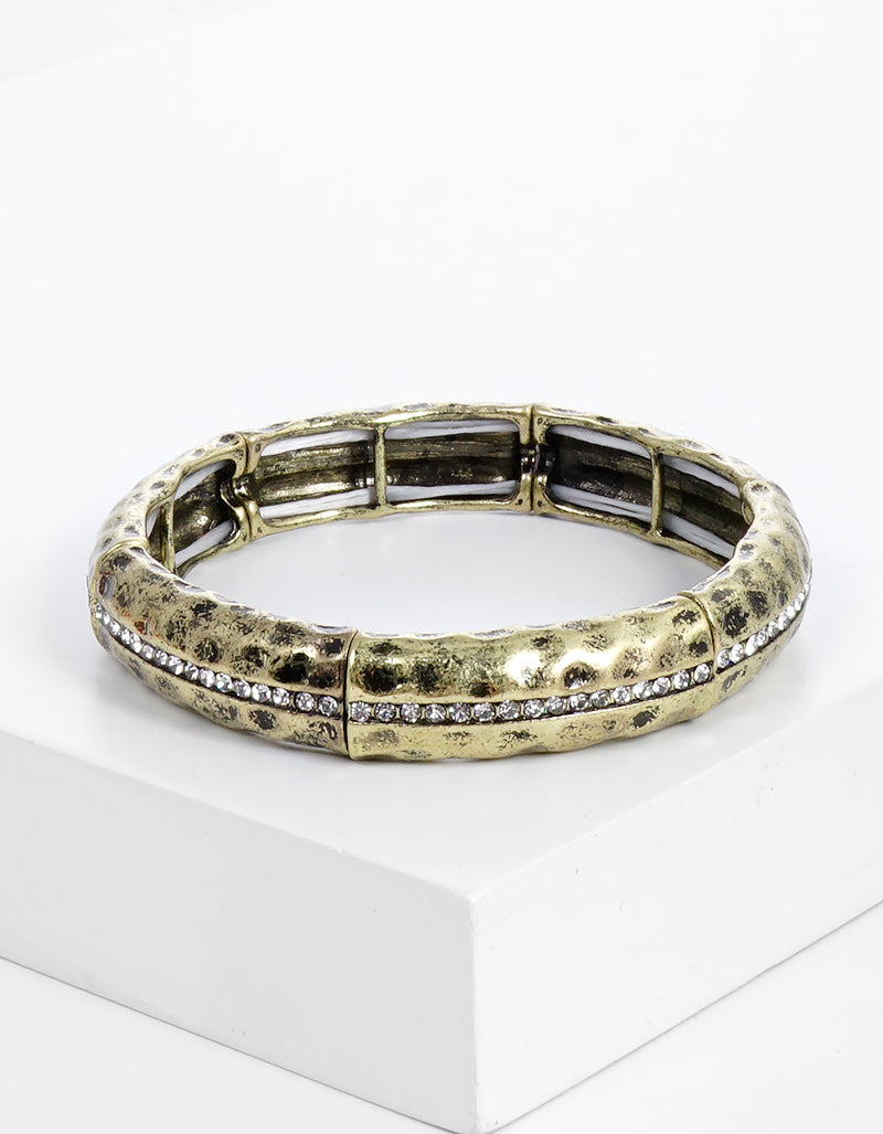Crystal Pave Hammered Metal Stretch Bracelet